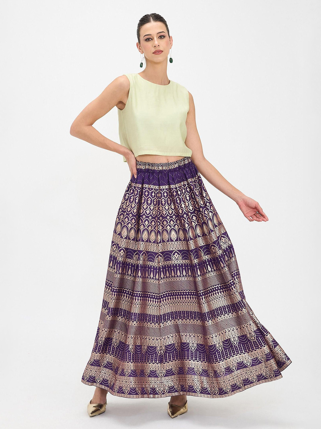 Virgio Women Brocade Viscose Long Panelled Maxi Flared Skirts