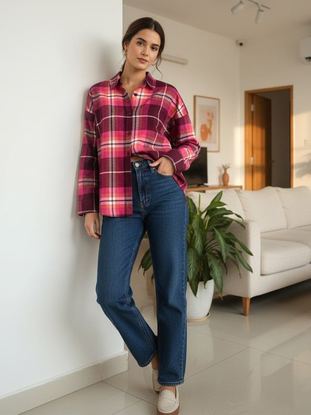 DressBerry Relaxed Oversized Fit Tartan Checked Spread Collar Pure Cotton Casual Shirt