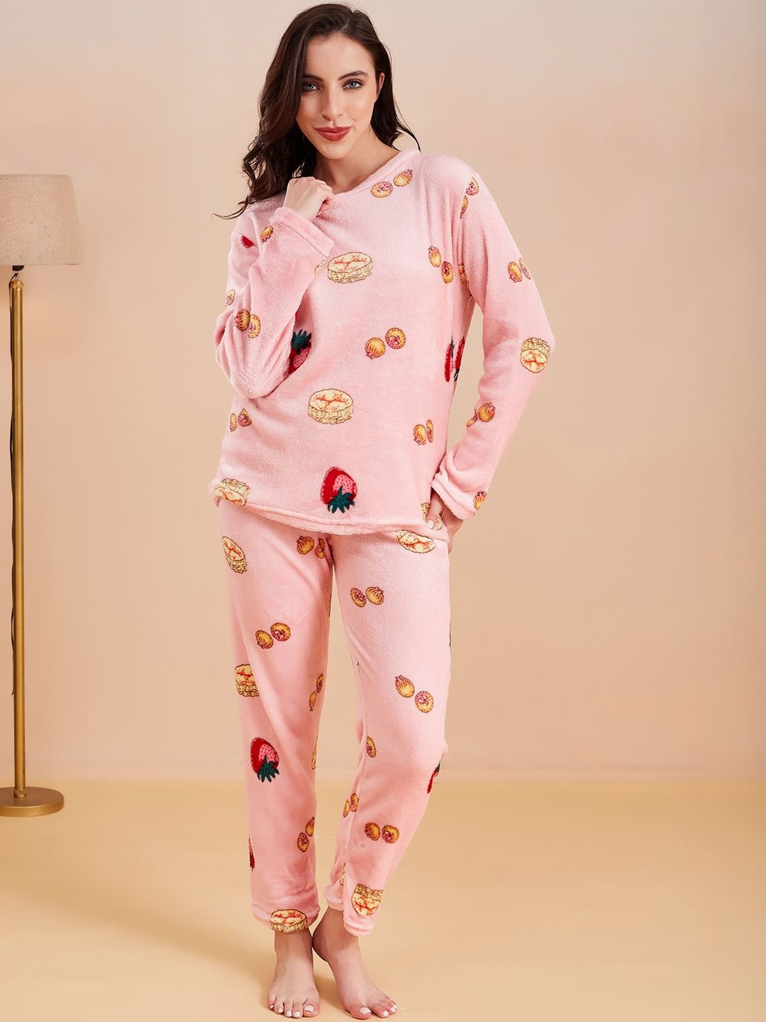 G Heist Women Printed Fleece Winter Fur Night Suit