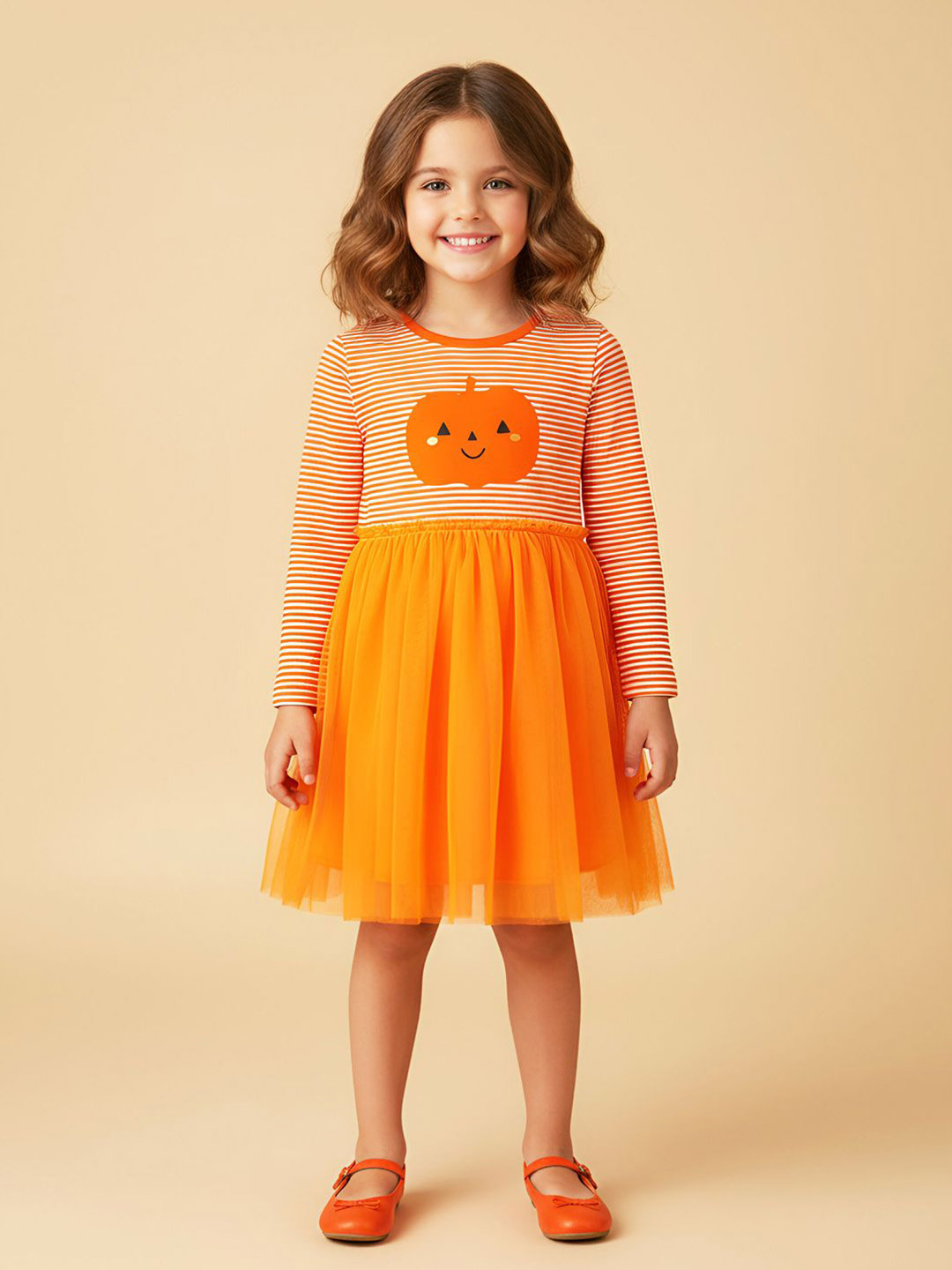 INCLUD Girls Striped Round Neck Long Sleeves Tulle Halloween Fit & Flare Dress