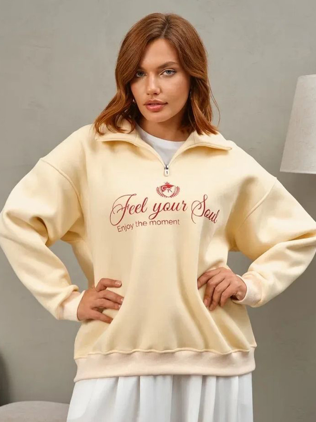 Feel Your Soul Typography Sweatshirt with Half Zipper