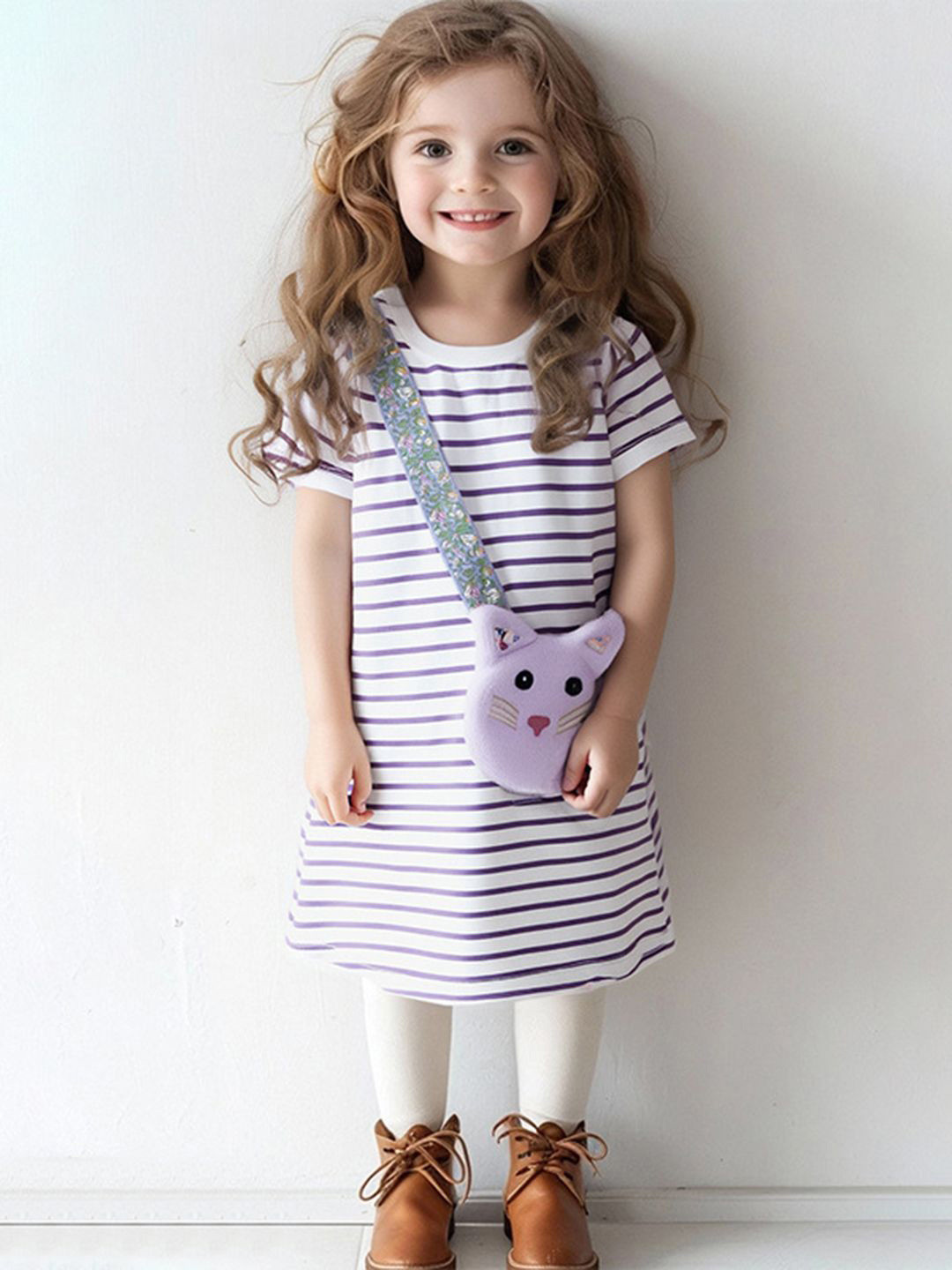INCLUD Girls Striped Stripes Cat Face Round Neck A-Line Midi Dress