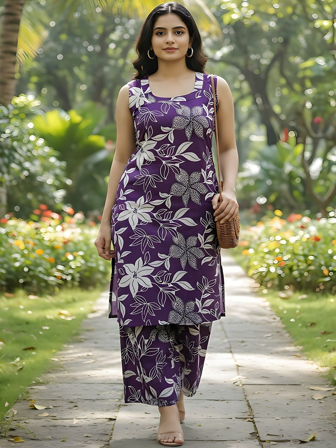 BEEGET FASHION Floral Printed Square Neck Straight Kurta With Palazzos