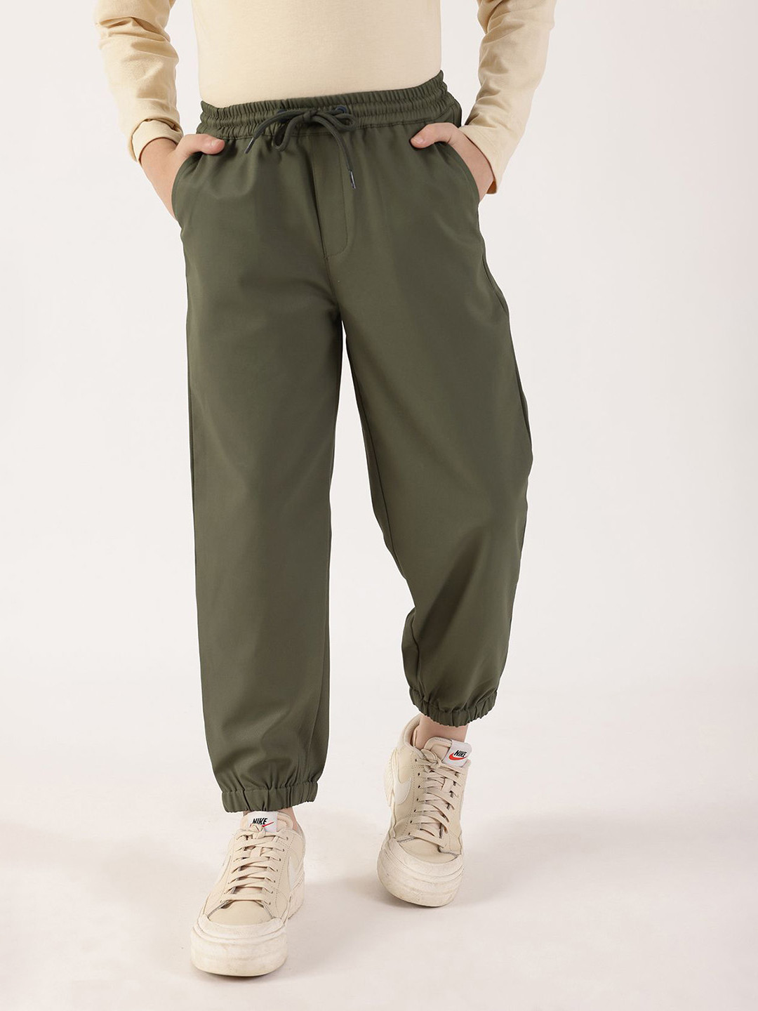One Friday Boys Olive Pure Cotton Mid-Rise Joggers Regular Fit Track Pants