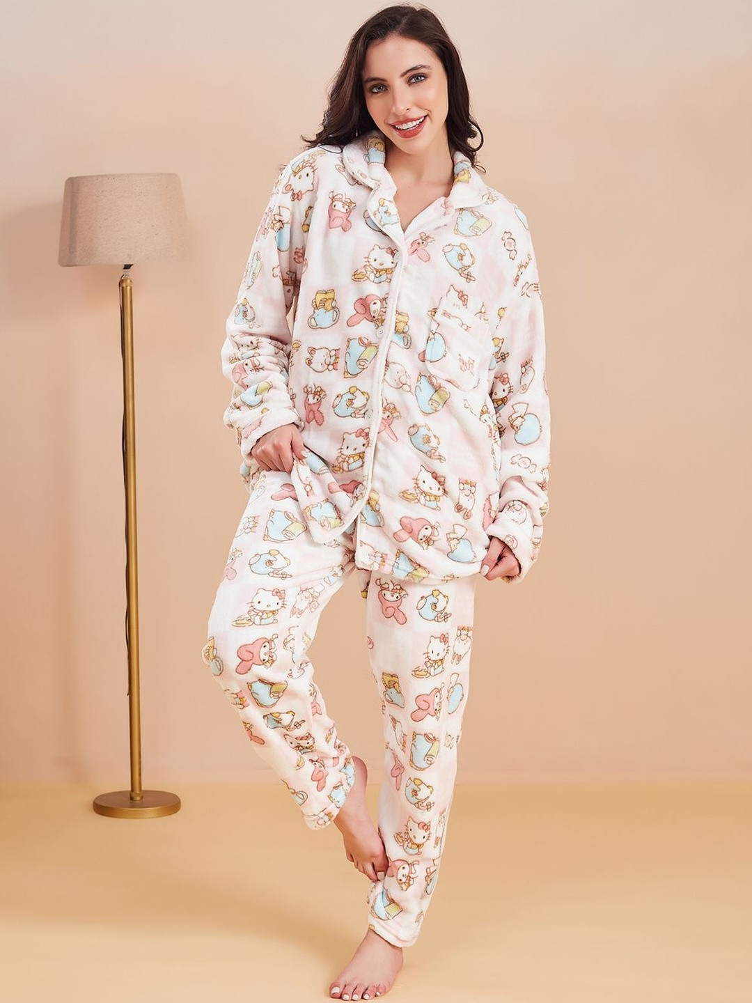 G Heist Women Printed Fleece Winter Fur Night Suit