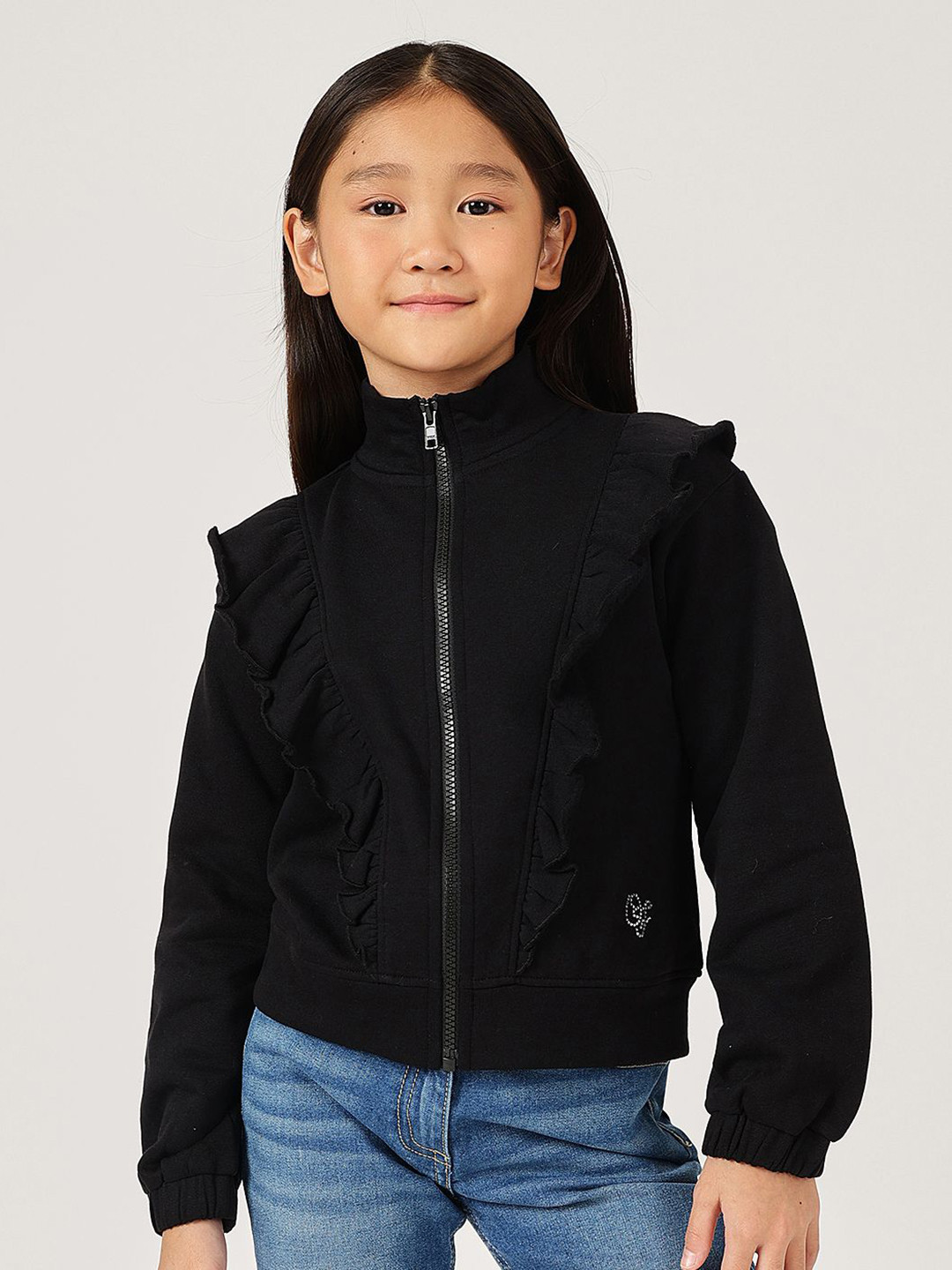 One Friday Girls Turtle Neck Pure Cotton Front-Open Sweatshirt