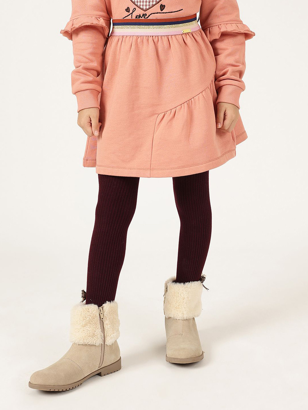 One Friday Girls Peach Cotton Fleece Woven Slip-On Above Knee Flared Skirt