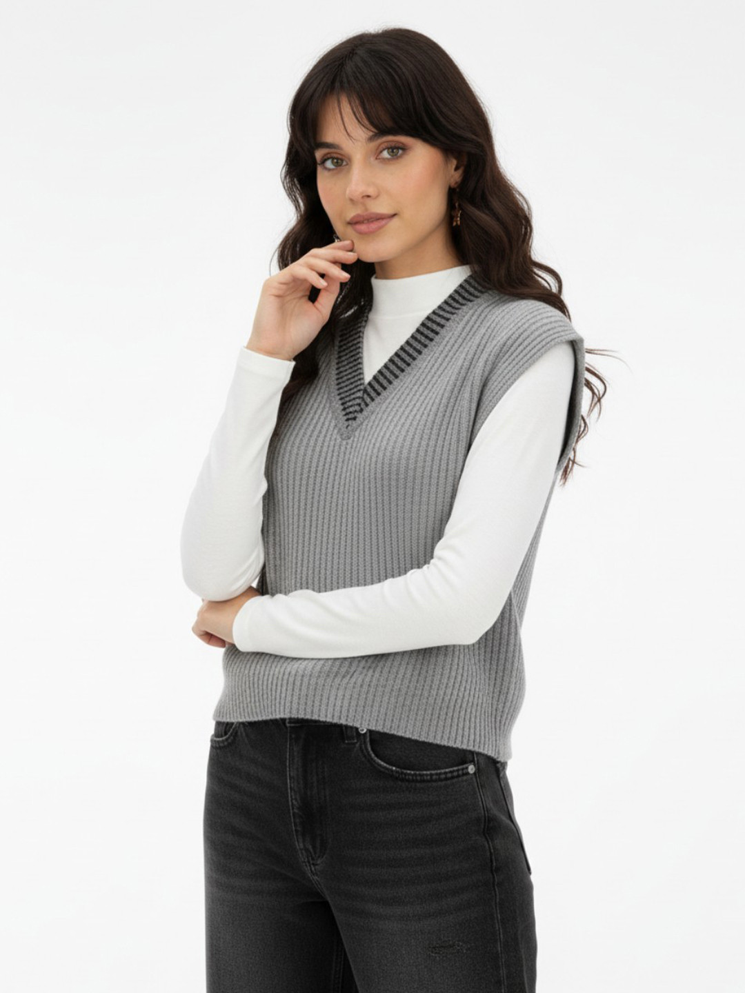 glitchez Contrast V-Neck Ribbed Sweater Vest