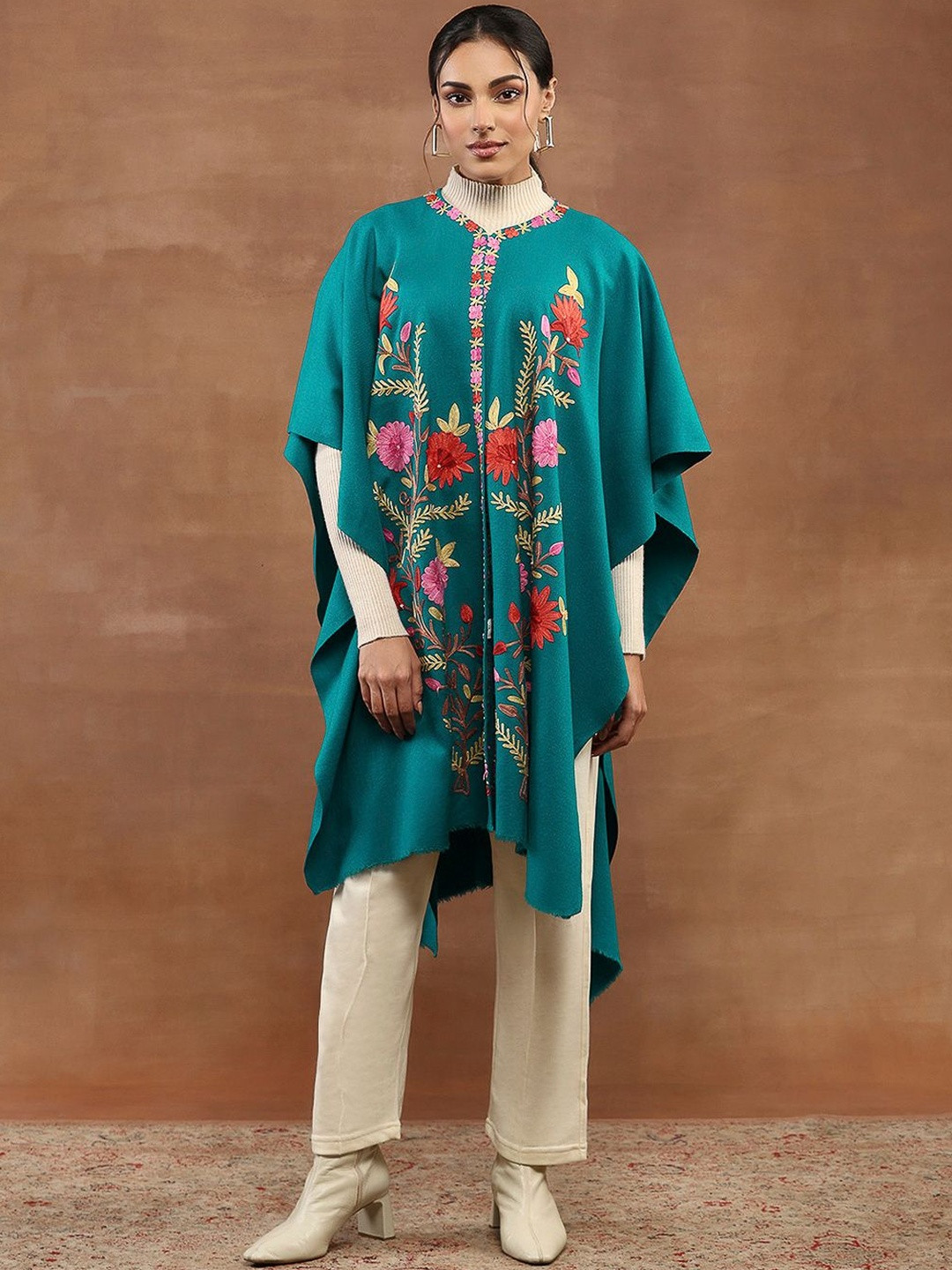 House of Chikankari Teal Green Kashmiri Aari Embroidered Women's Cape