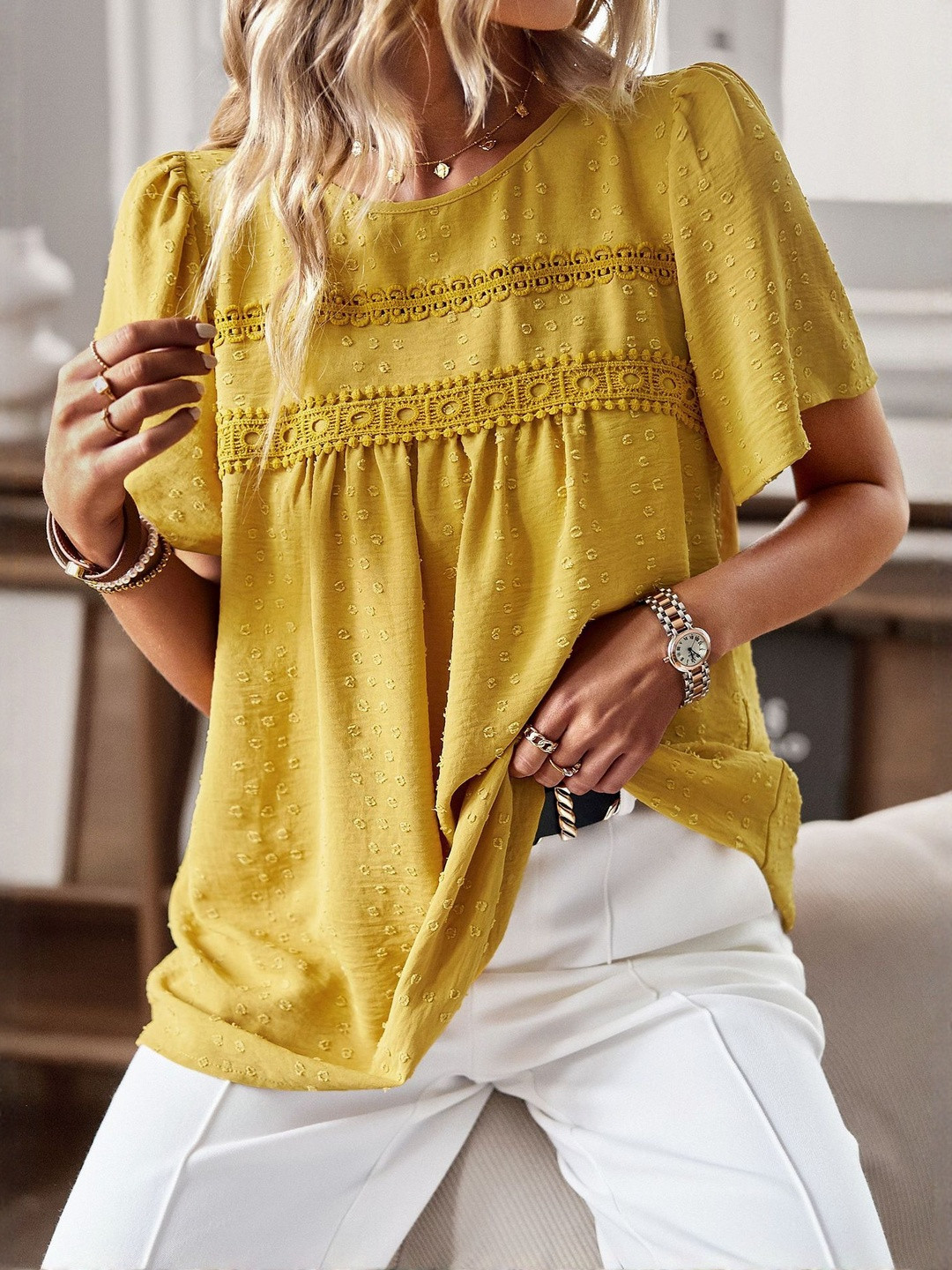 StyleCast Yellow Lace Trim Flared Sleeves Top