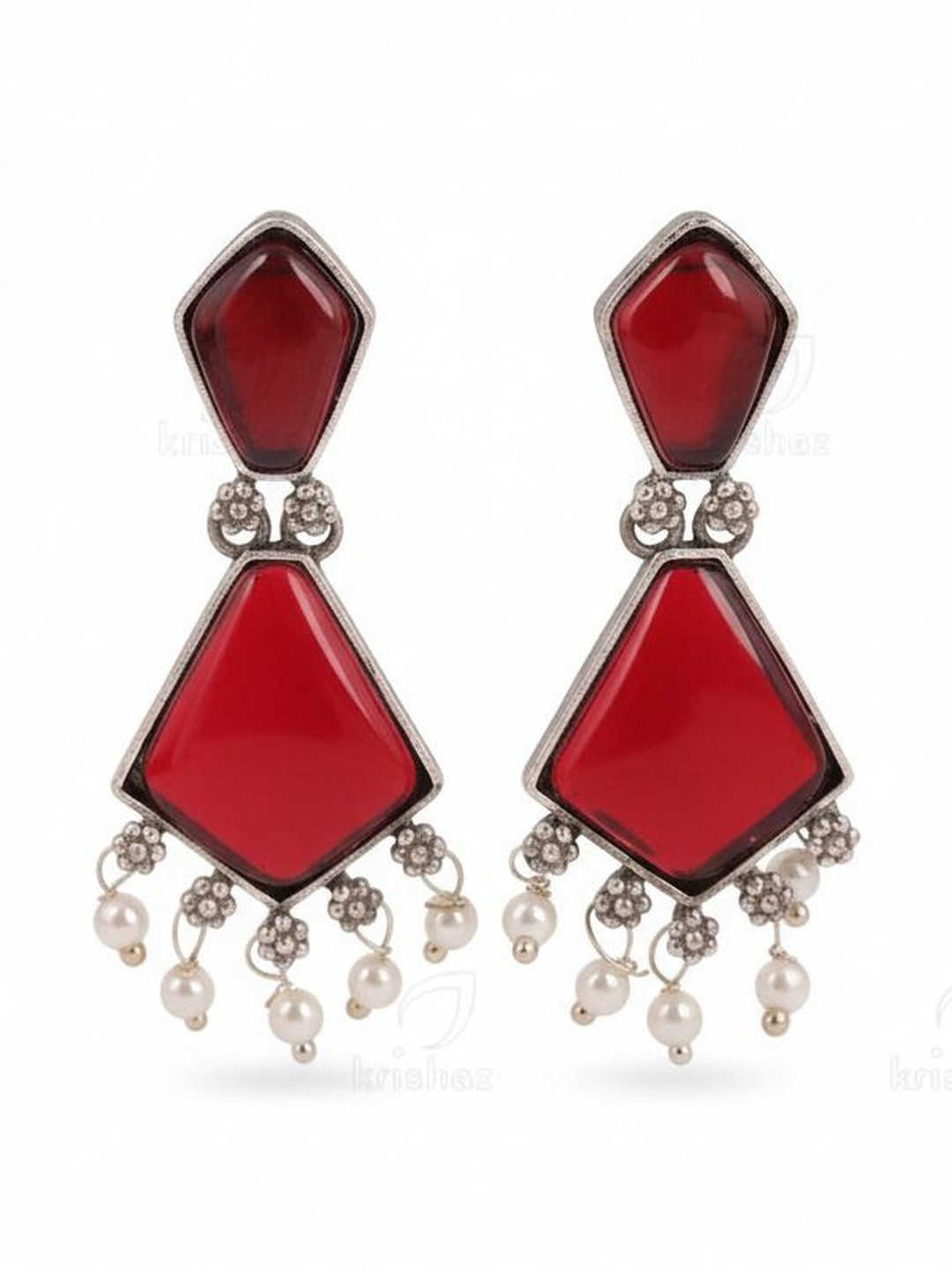 MODE & MINIMAL Silver-Plated Stones Studded & Pearls Beaded Diamond Drop Earrings