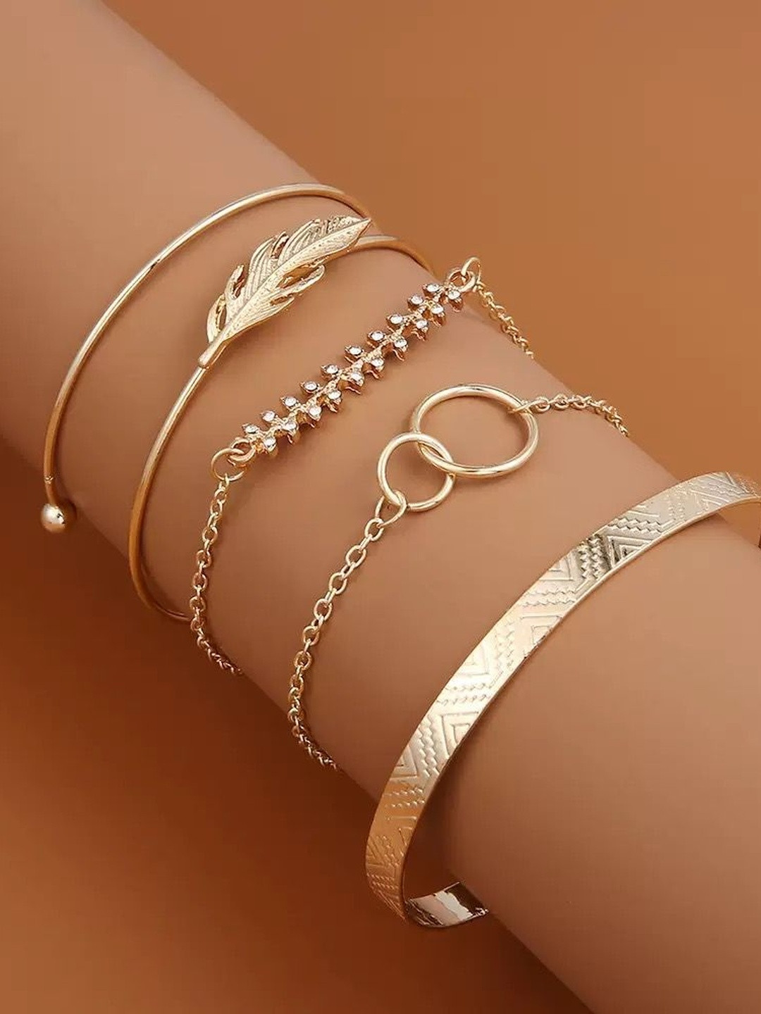 DressBerry Set Of  5 Gold-Plated Artificial Stones Studded Cuff Bracelets