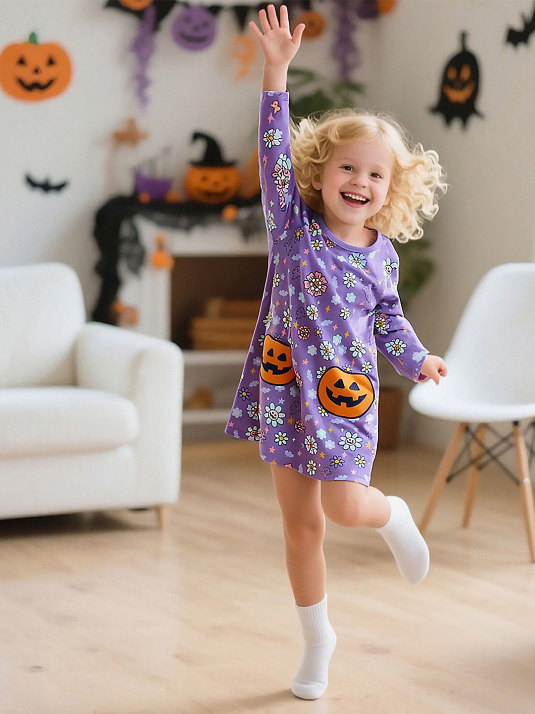 INCLUD Girls Floral Printed Halloween-themed Round Neck T-shirt Dress