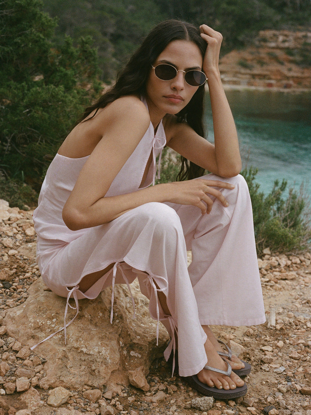 MANGO Women Cotton-Linen Side Slits & Bows Straight Fit Trousers