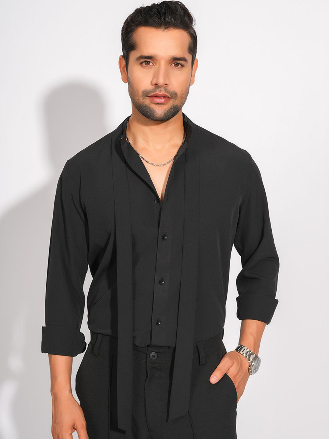 PERCH Slim Fit Long Sleeves Party Shirt With Tie