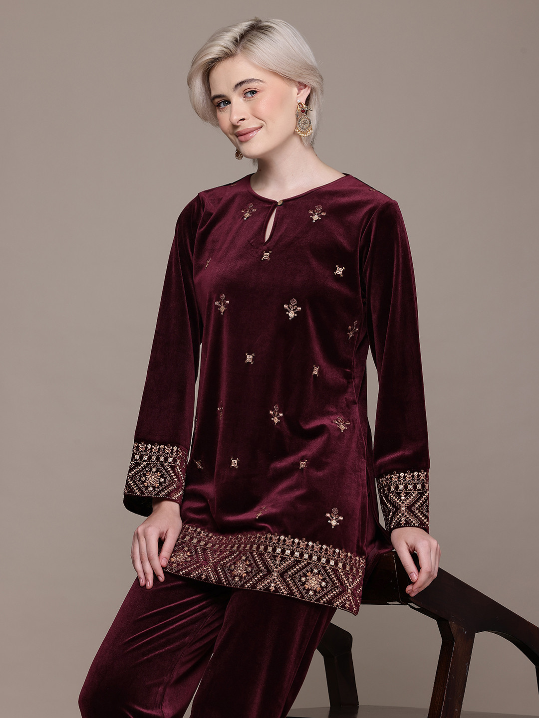 Cayman Woven Design Keyhole Neck Pure Wool Ethnic Co-Ord Set