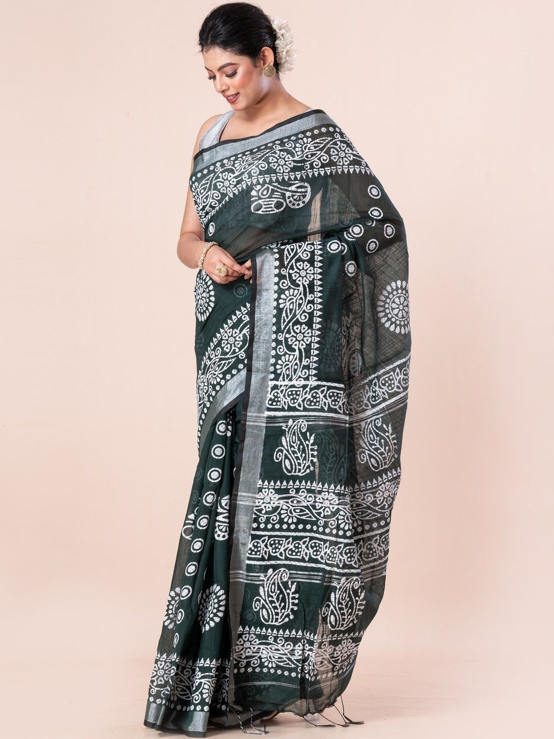 CXMAT Woven Design Ethnic Motifs Block Print Saree with Unstitched Blouse Piece