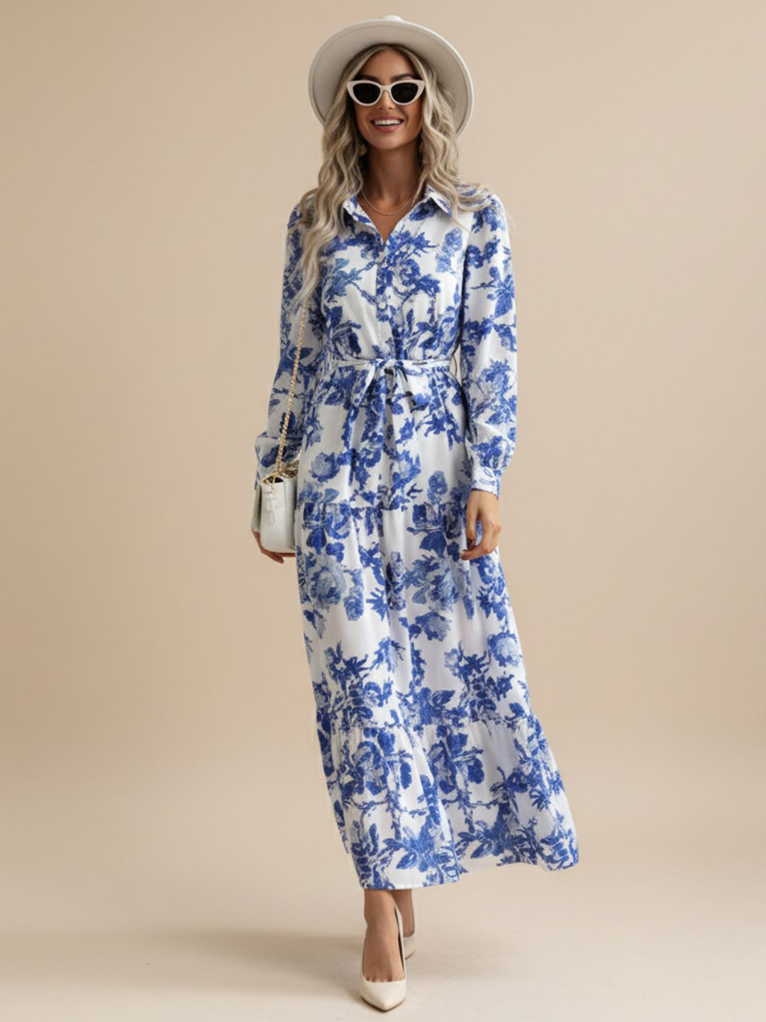 DressBerry Women Shirt Collar Floral Print Crepe Shirt Maxi Dress