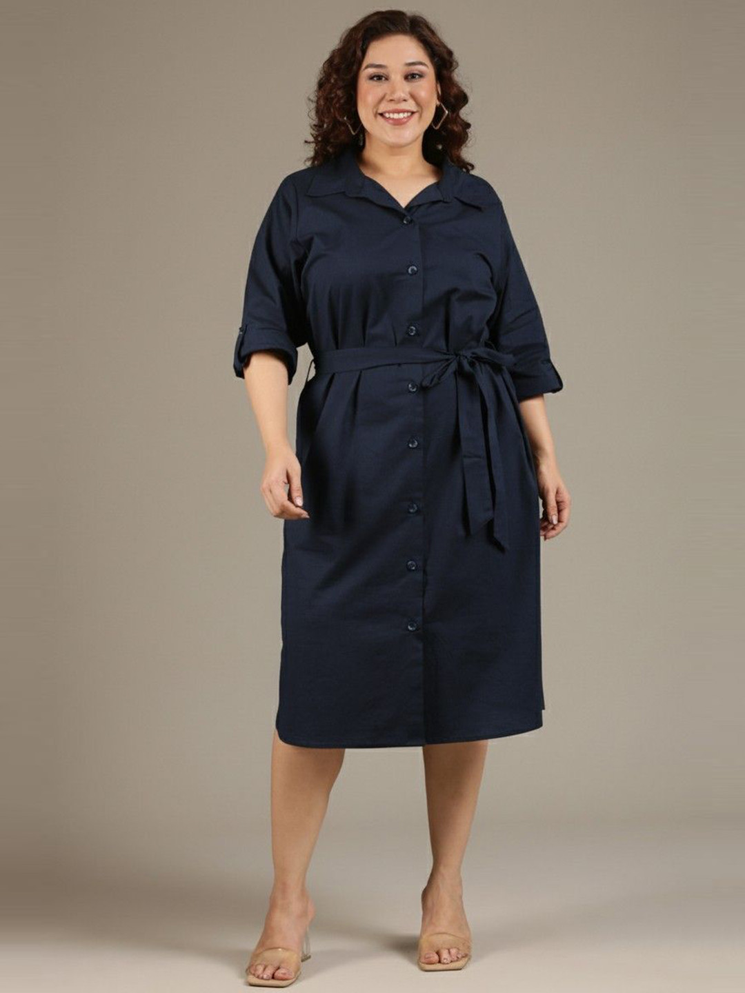 The Pink Moon Women Navy Cotton Shirt Collar Roll-Up Sleeves Belted Detail Shirt Dress