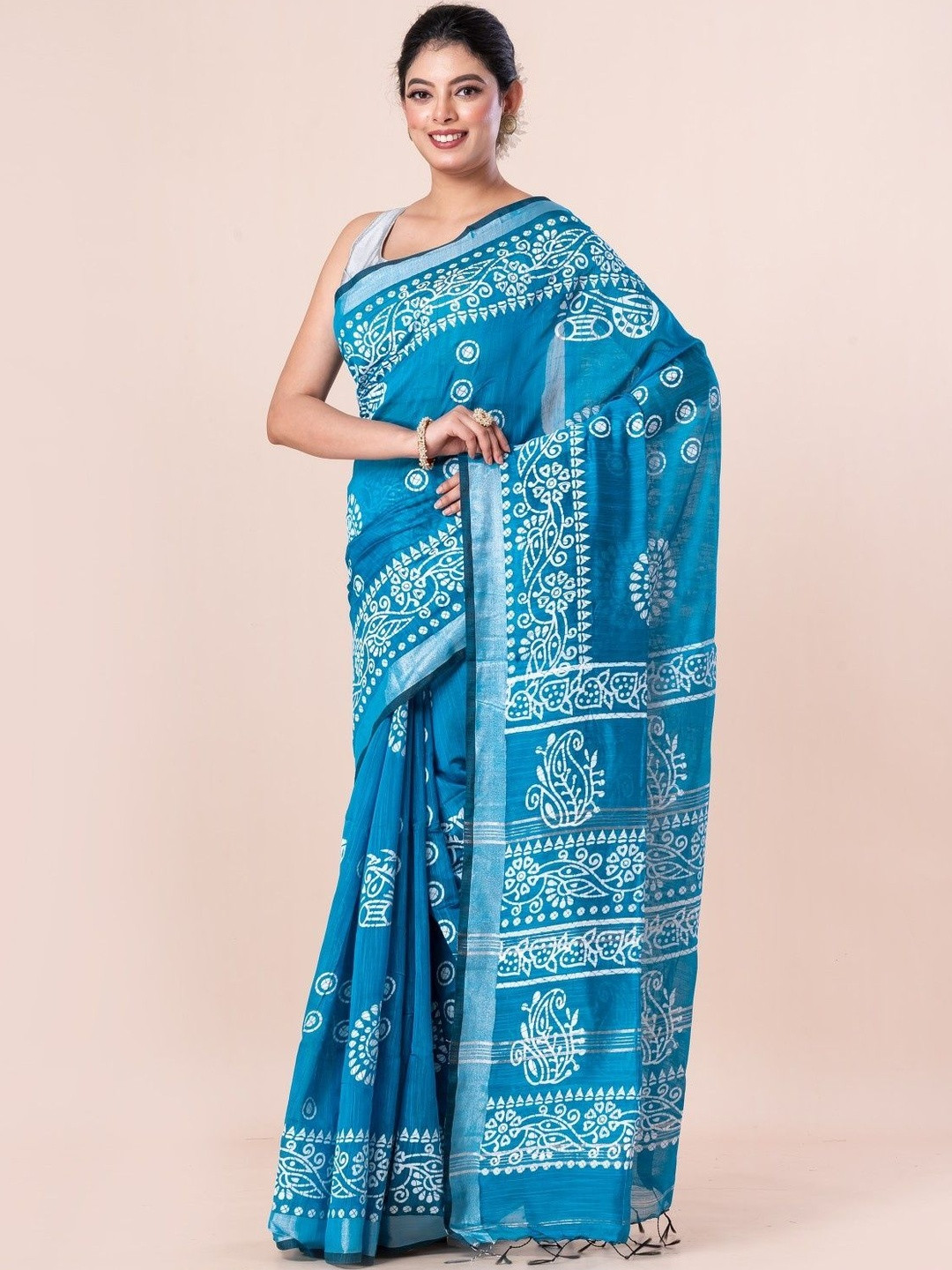 CXMAT Ethnic Motifs Woven Design Block Print Saree