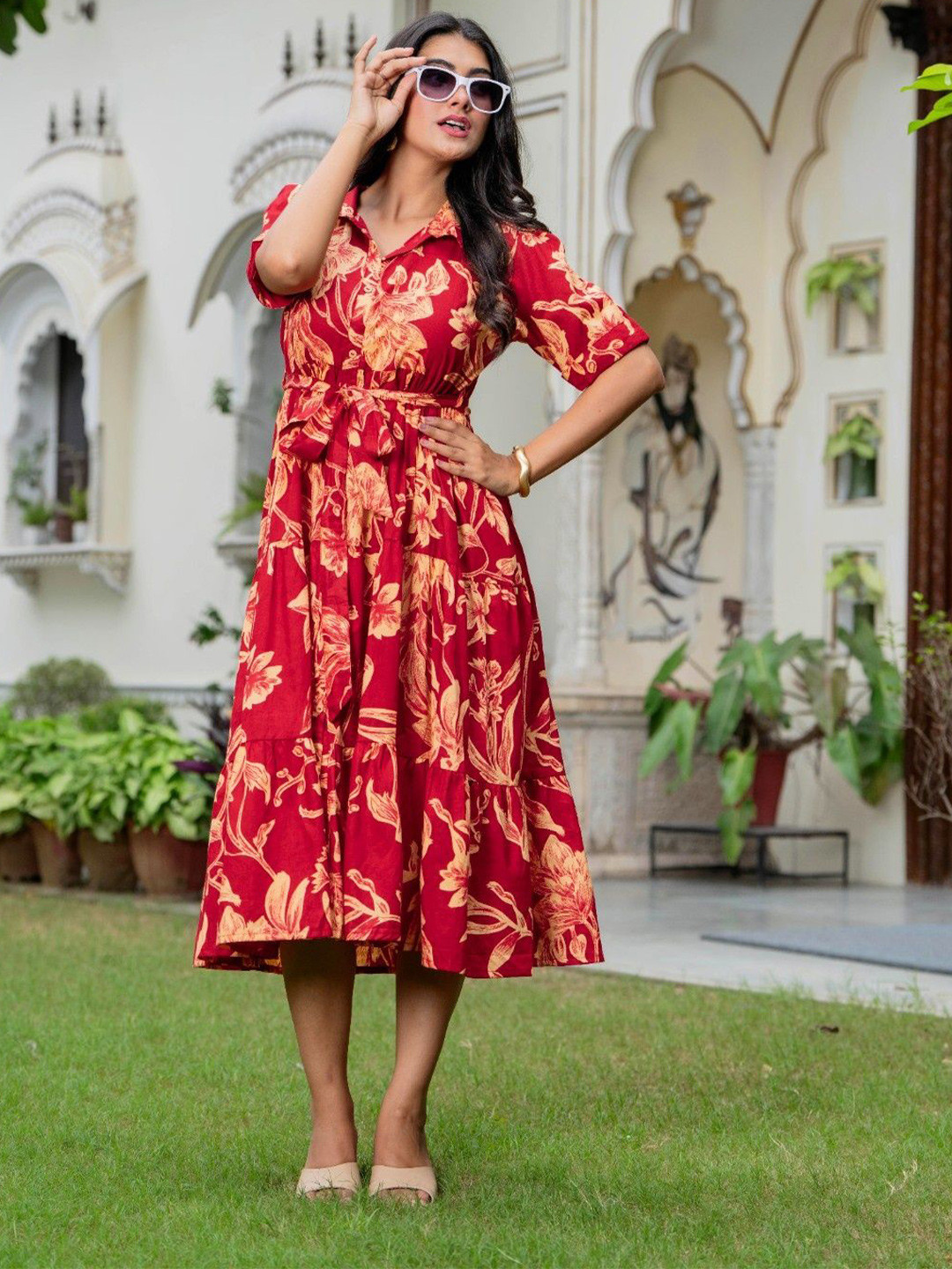 BAESD Floral Printed Shirt Collar Short Sleeves Fit & Flare Dress