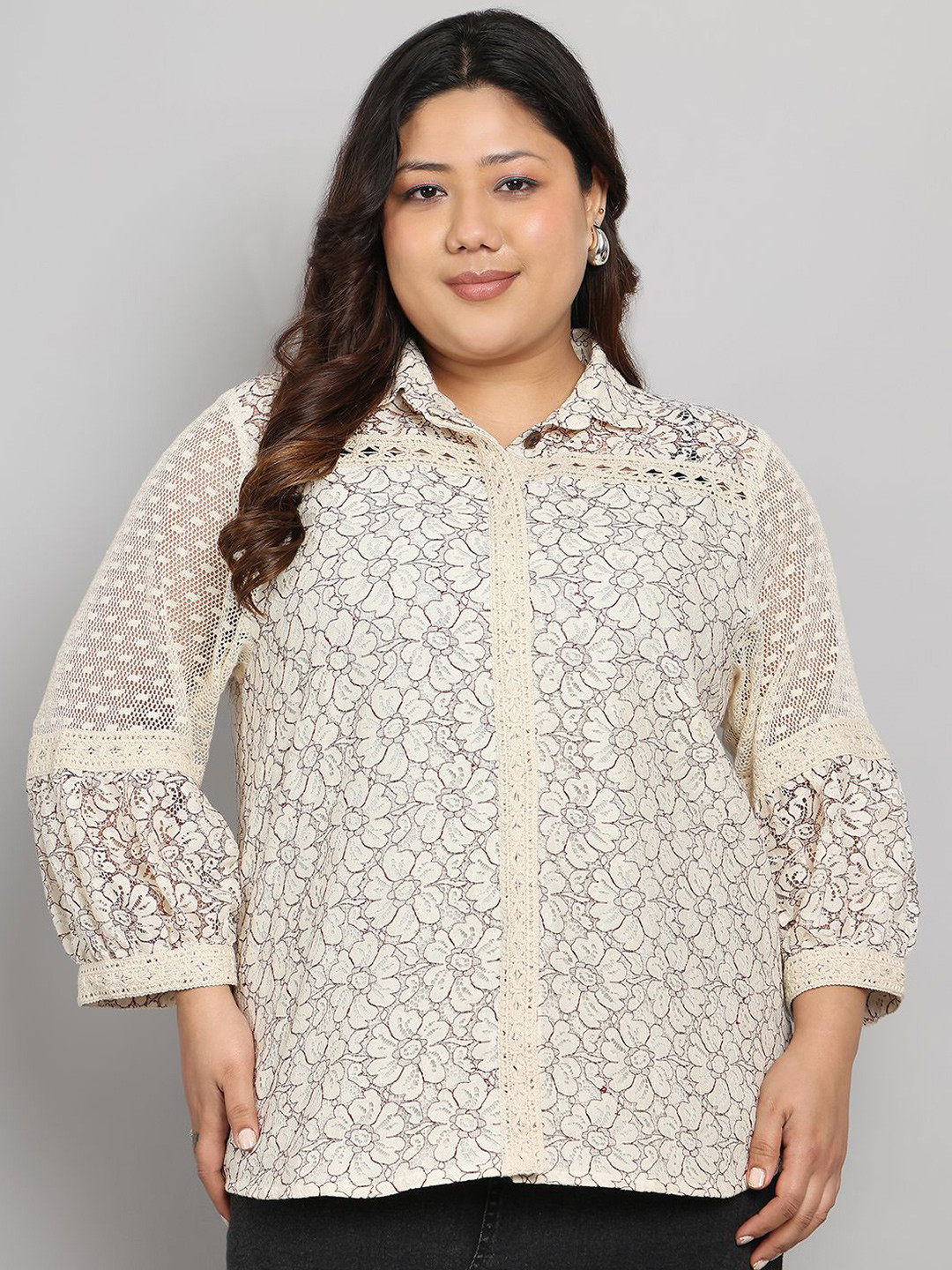 all about you Floral Self Design Classic Lace Inserts Schiffli Relaxed Fit Cotton Shirt