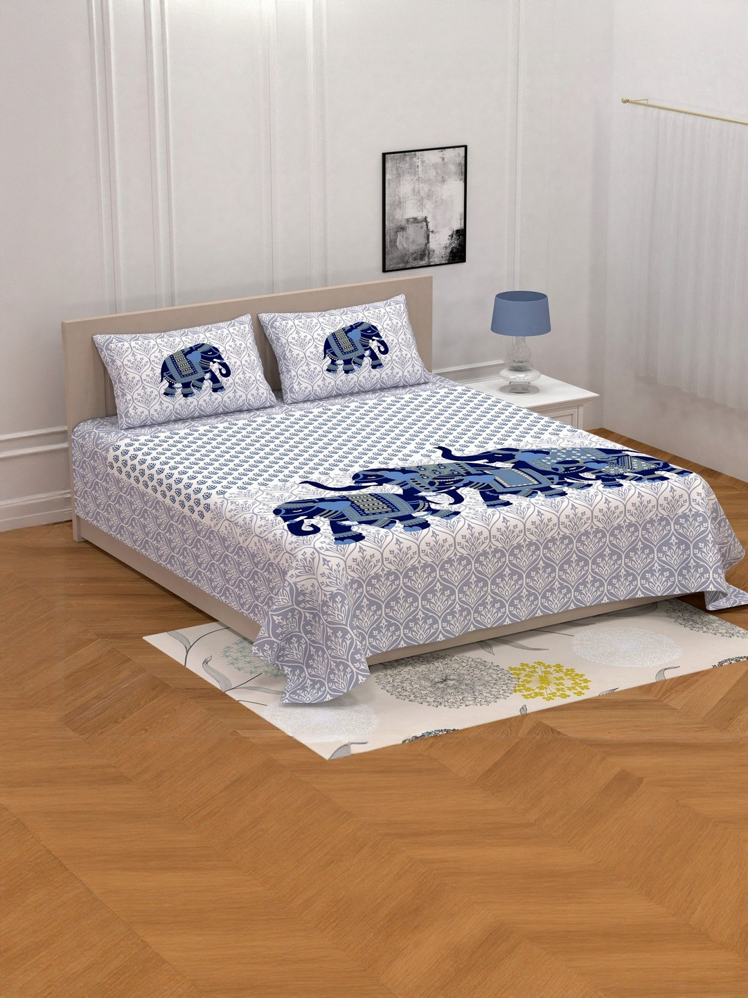 KD PRINTS White Printed King 180 TC Flat Bedsheet With 2 Pillow Covers 85 X 95 Inches