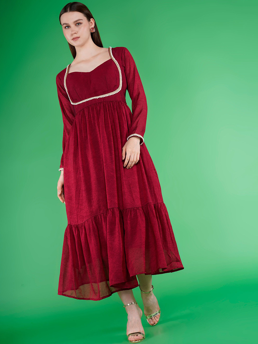 Aumira Sweetheart Neck Long Sleeves Chiffon Fit & Flare Midi Dress