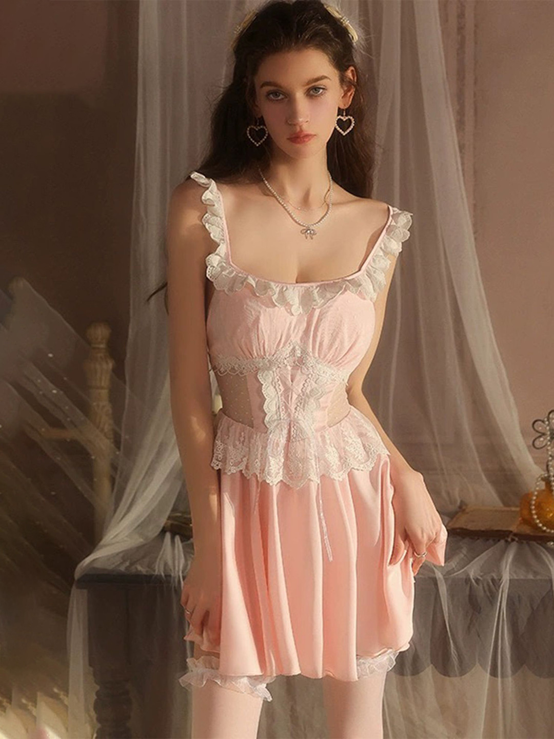 LULU & SKY Women Lace-frilled Mini Night Dress