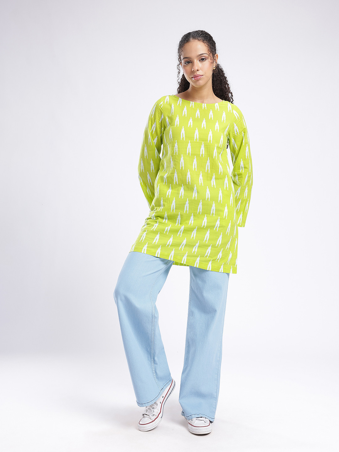 Lime Green Ikat Print Boat Neck Mini Dress