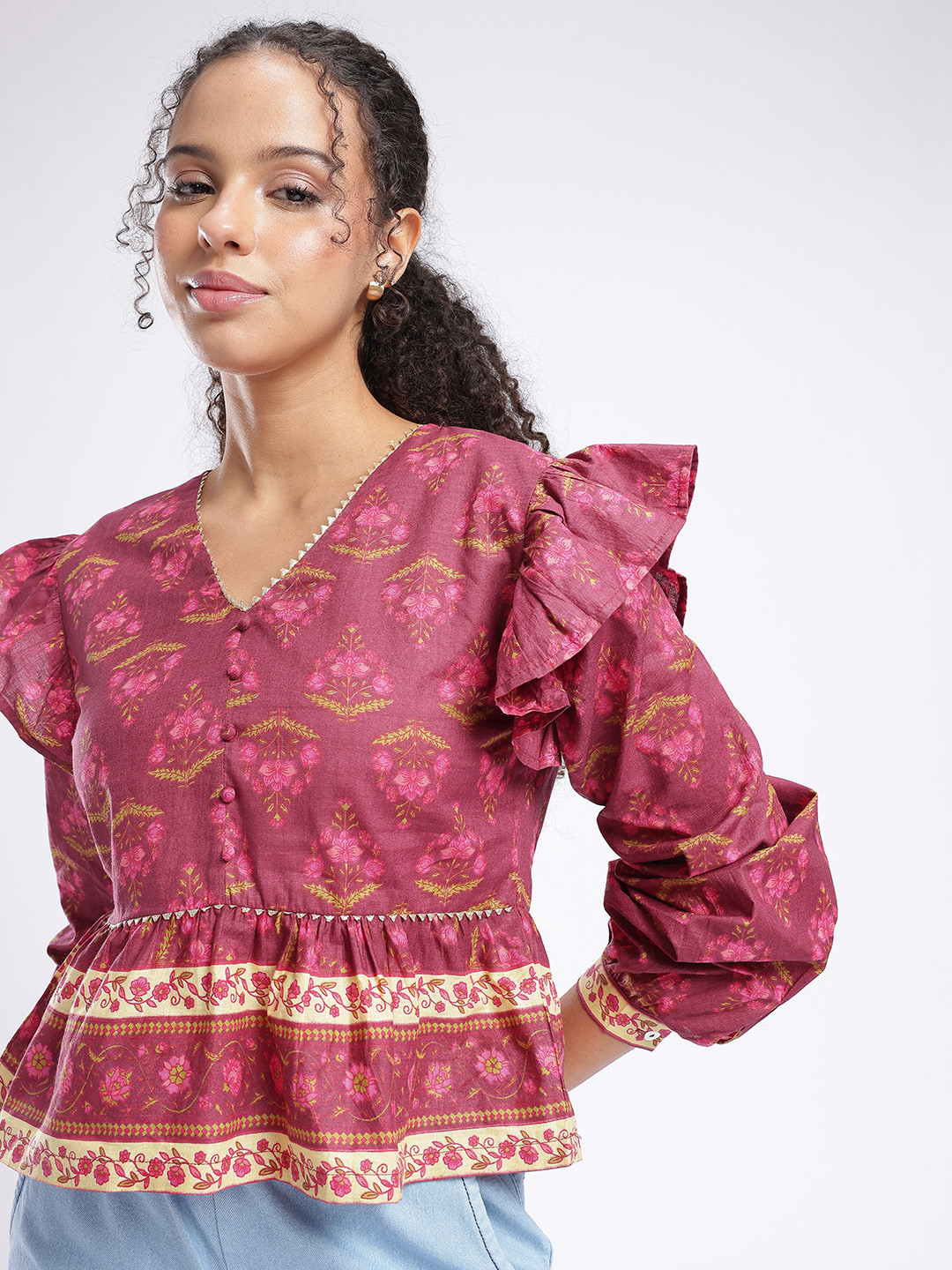 fusion by glitchez Floral Print Ruffle Detail Peplum Top