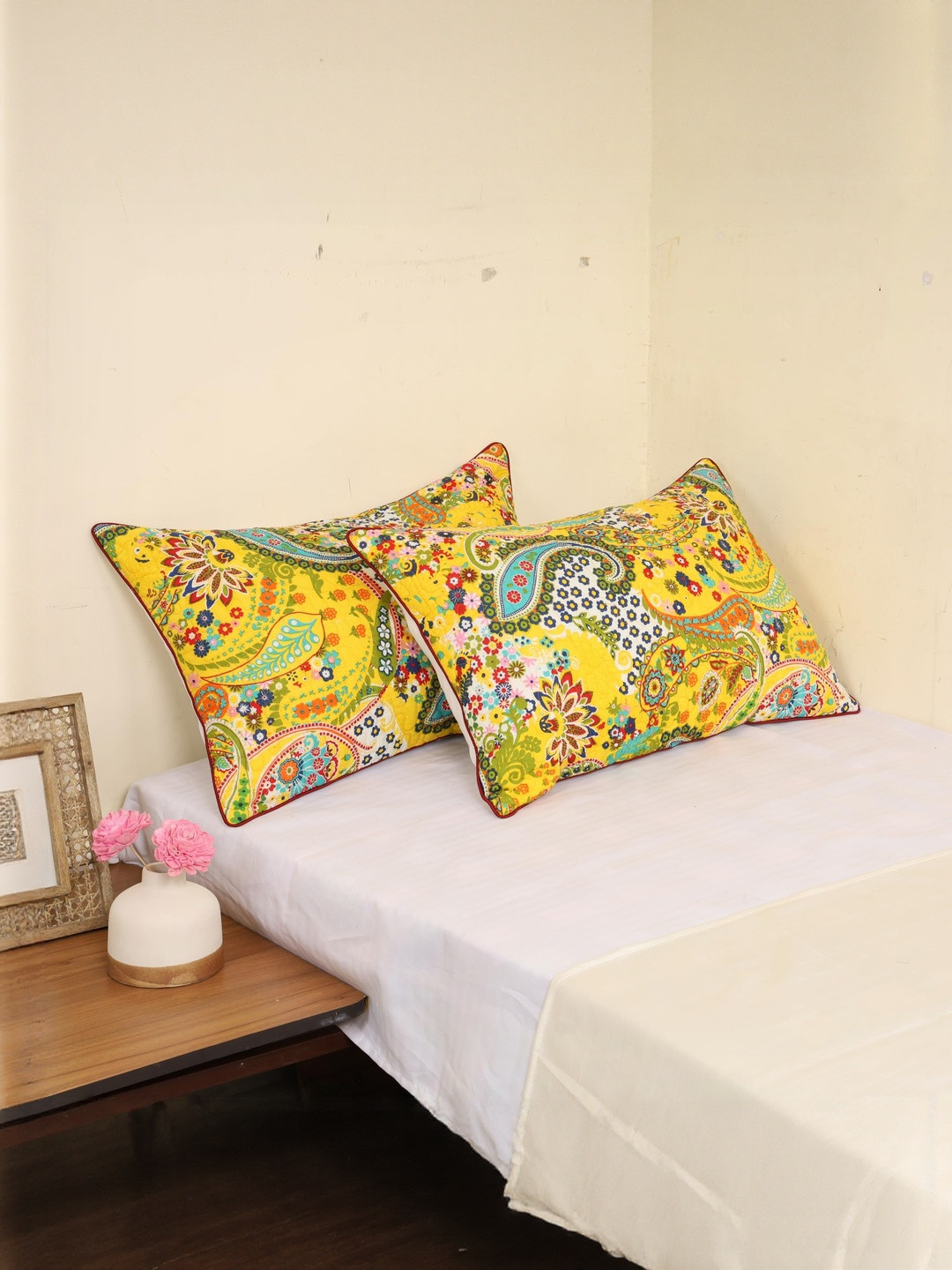 DECOWAT Yellow & White 2 Pieces Self Design Pure Cotton Rectangle Pillow Covers