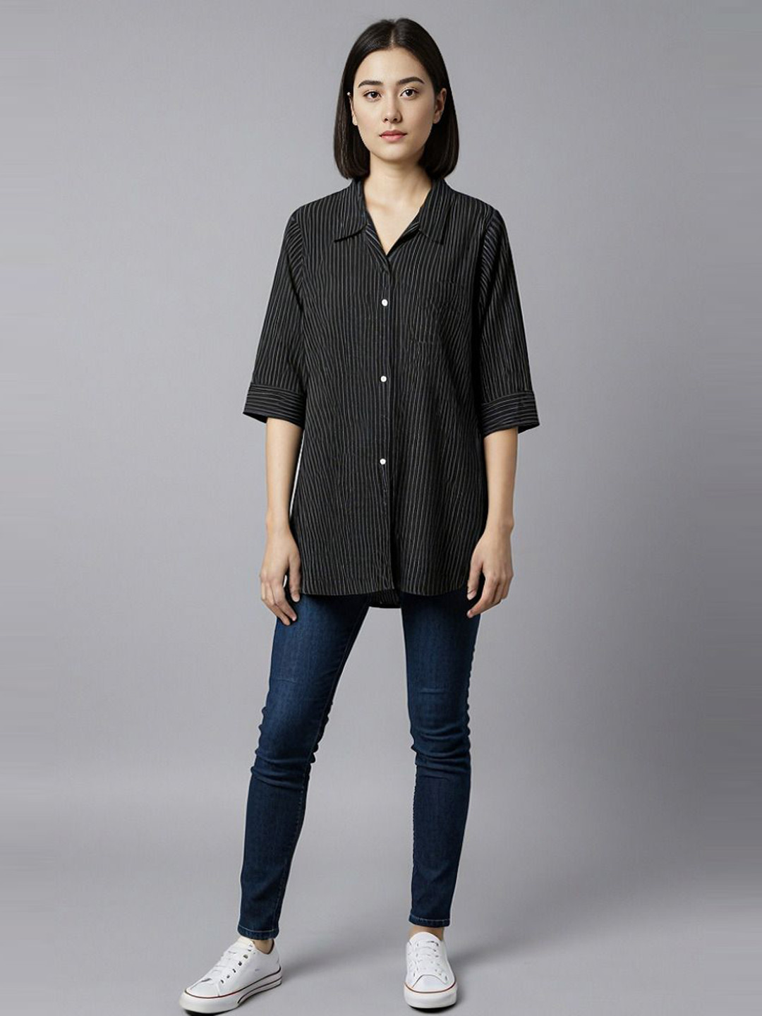 MANRANGI Slim Fit Spread Collar Vertical Stripes Striped Cotton Opaque Shirt