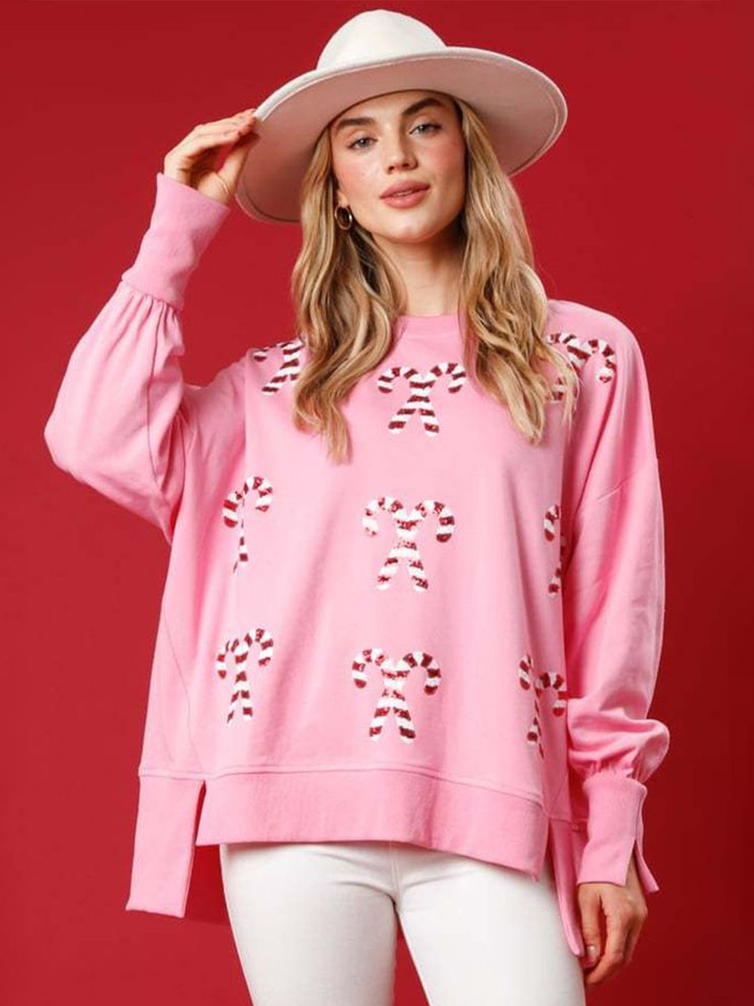 LULU & SKY Women Graphic Printed Sequinned Crew Neck Long Sleeve Sweatshirt