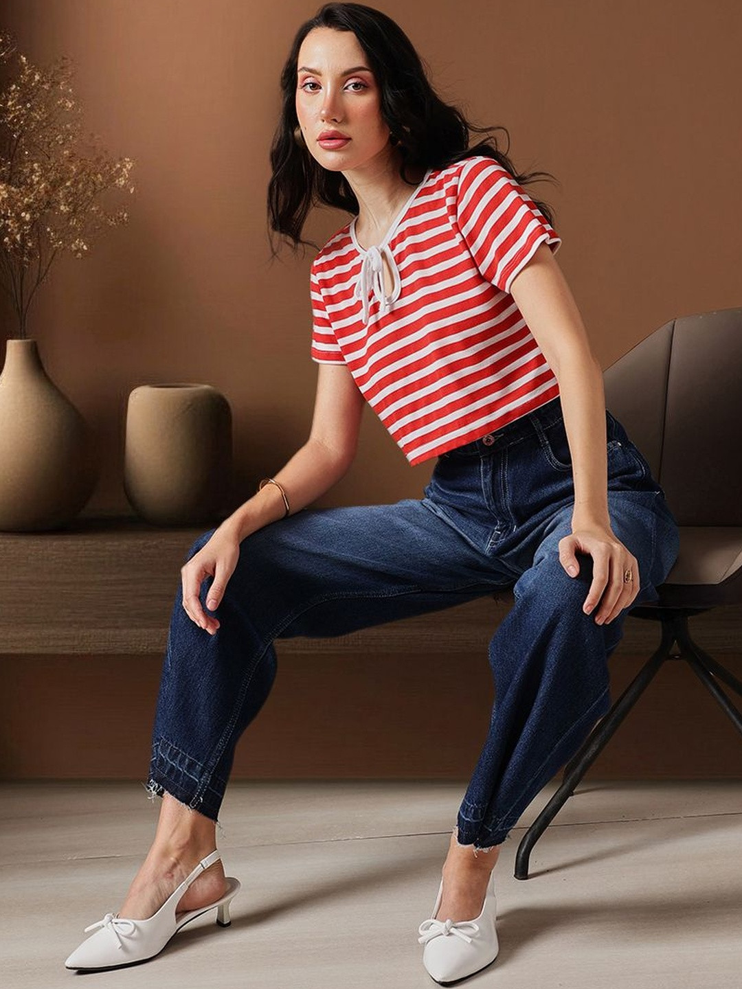 STREET 9 Striped Tie-Up Neck Nautical Crop Top