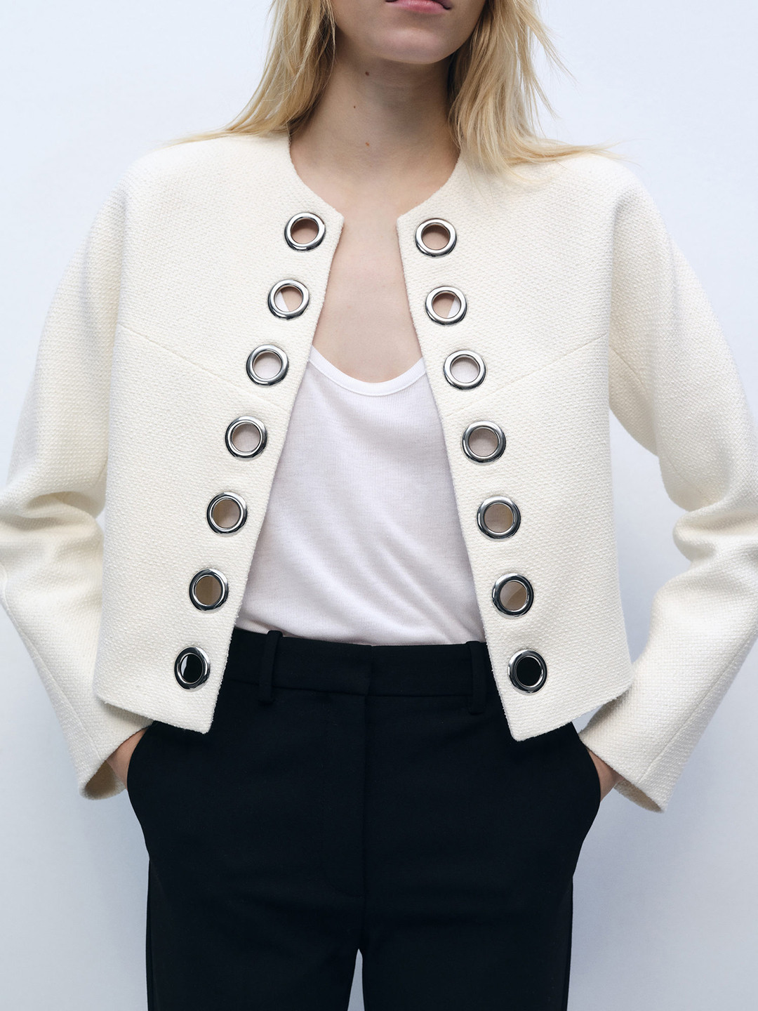 MANGO Solid Collarless Tailored Jacket With Eyelet Detail