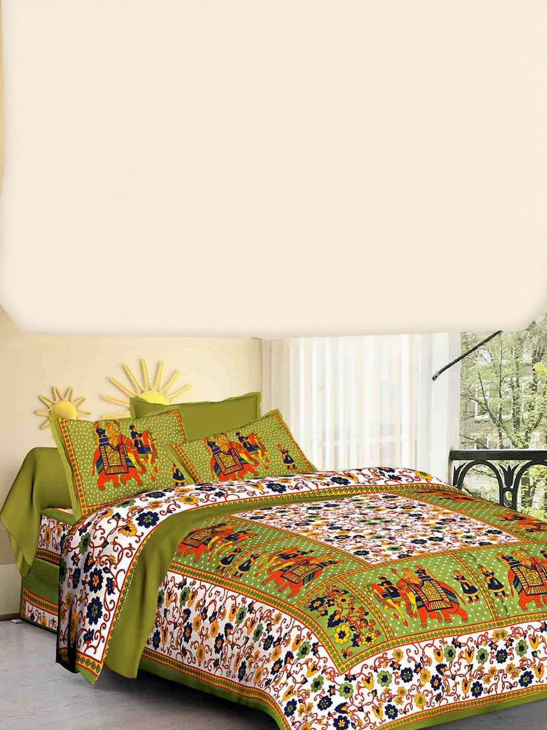 KD PRINTS Green Printed King 180 TC Flat Bedsheet With 2 Pillow Covers 85 X 95 Inches