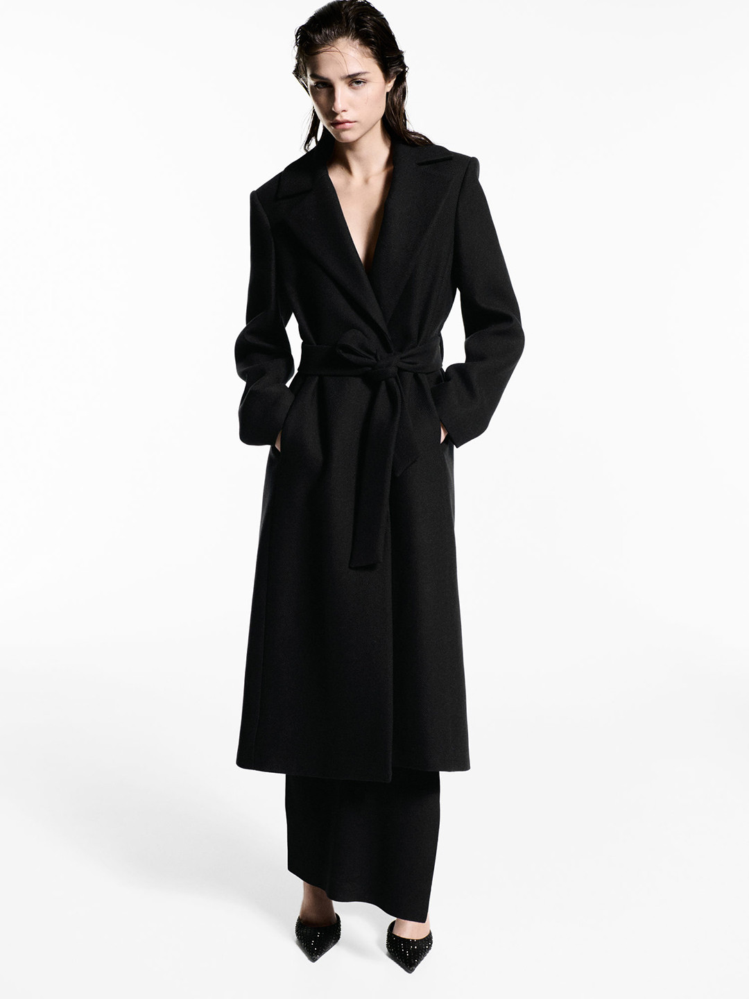 MANGO Longline Overcoat with Belt & Detachable Fur Collar