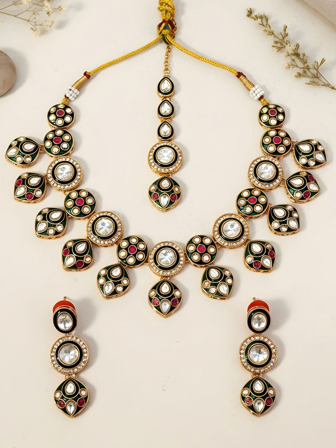 KARATCART Green Gold-Plated Stone-Studded Meenakari Choker Ethnic Jewellery Set