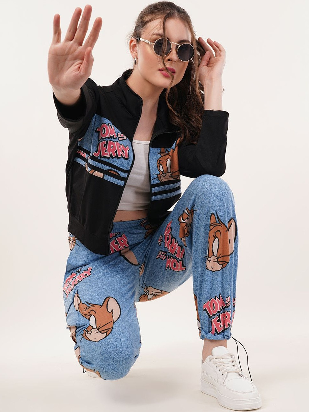 clobug Tom & Jerry Printed High Neck Sweatshirt With Cargo Trackpants