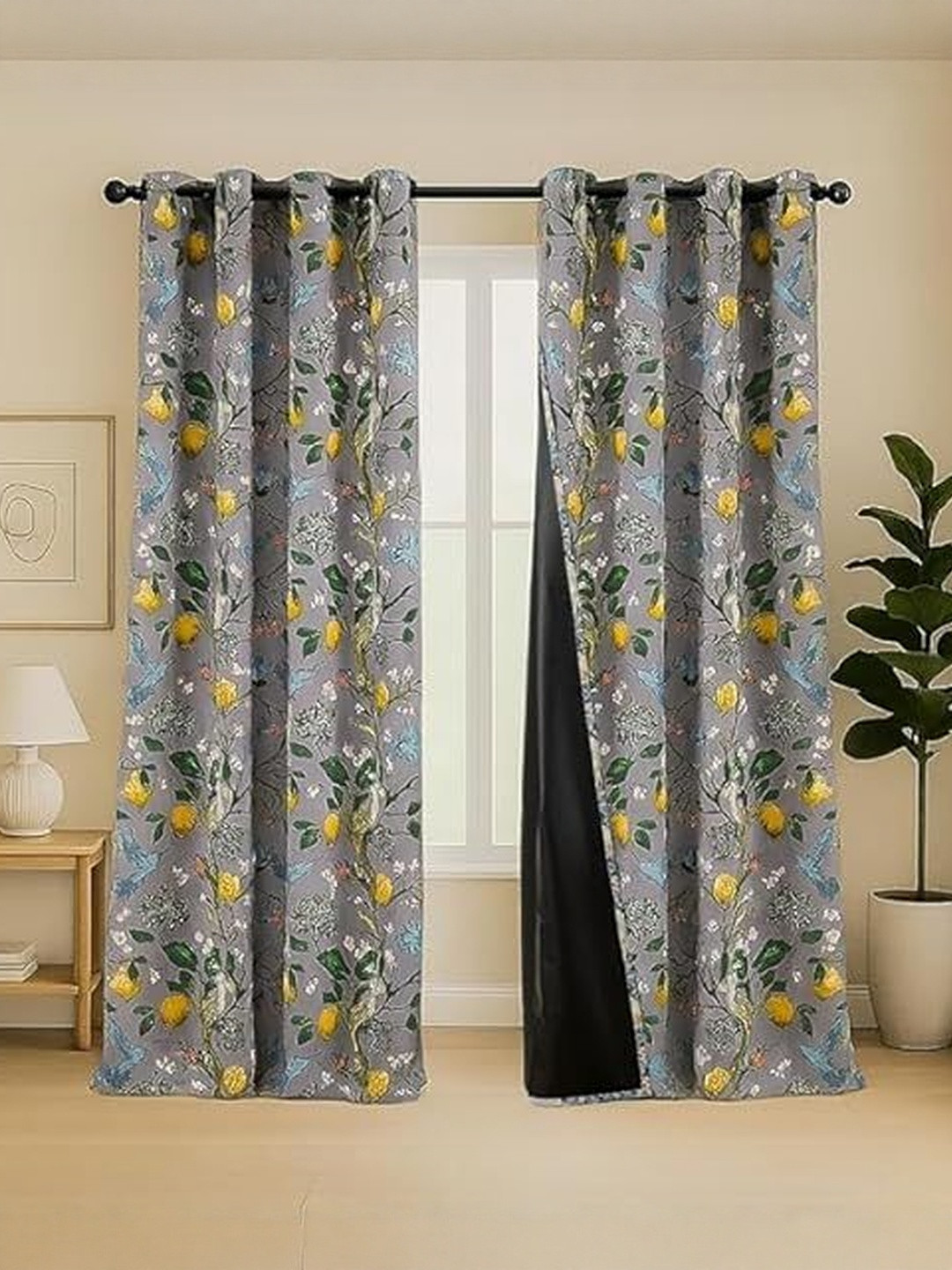 BFAM Grey & Yellow Floral Thermal Insulated 2 Pieces Window Black Out Eyelet Curtains