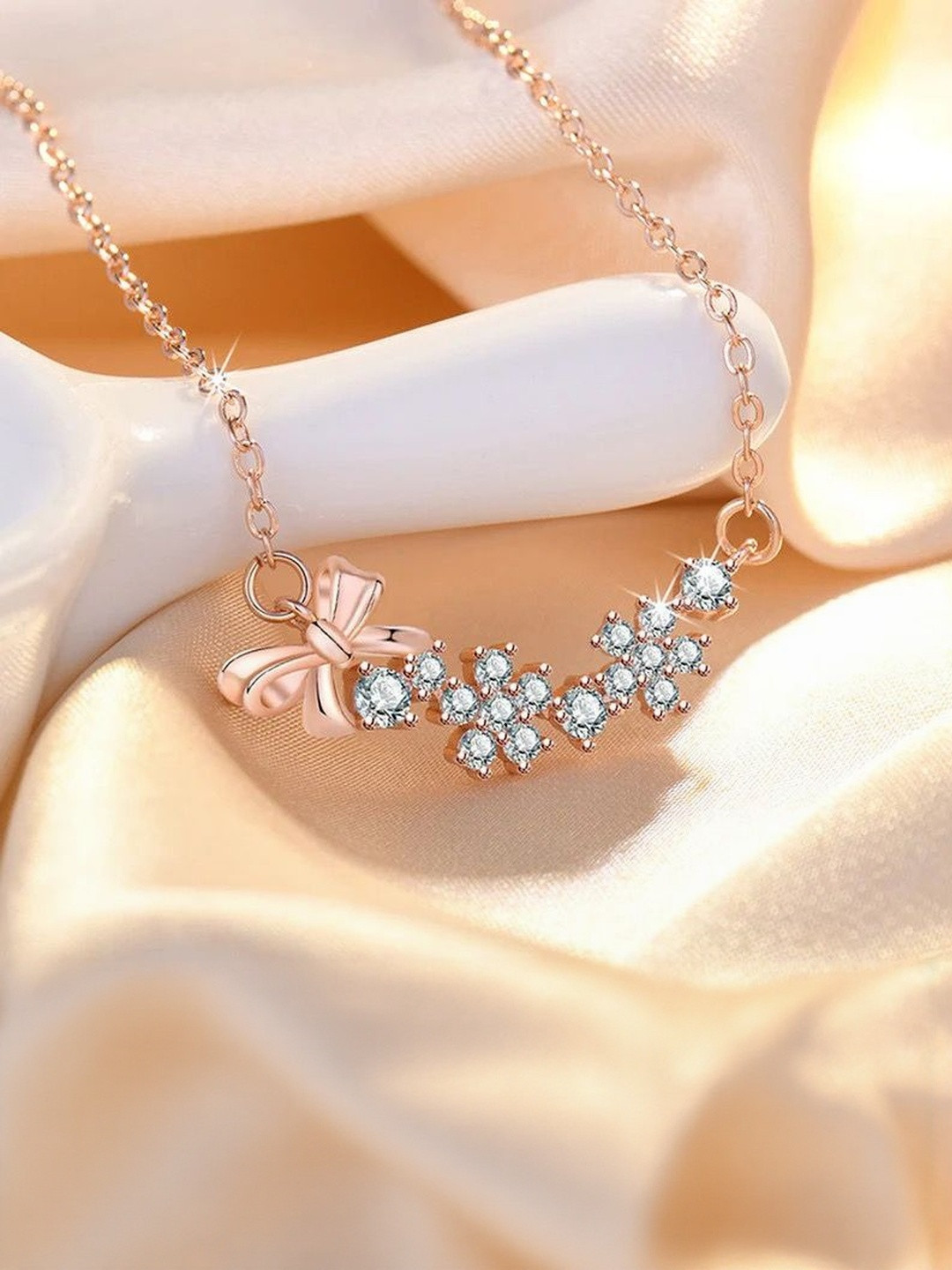 MODE & MINIMAL Stainless Steel Rose Gold-Plated Crystals Studded Korean Layered Necklace