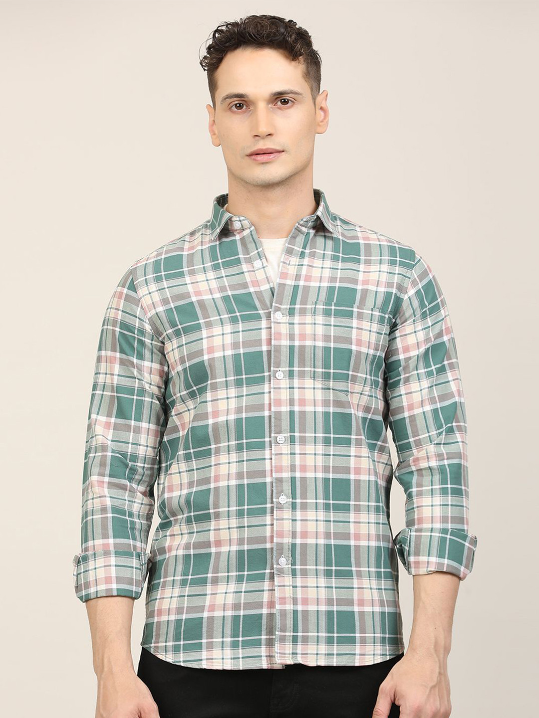 BLVNK Checked Spread Collar Cotton Shirt