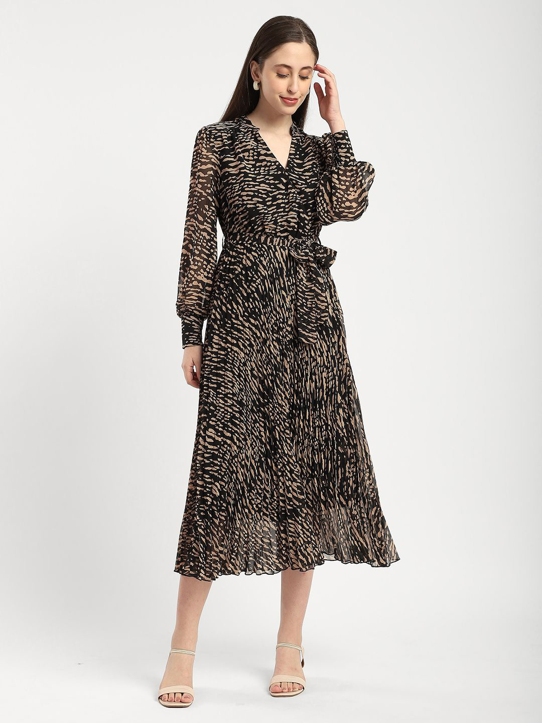 R&B Animal Print Puff Sleeve Georgette Midi Dress