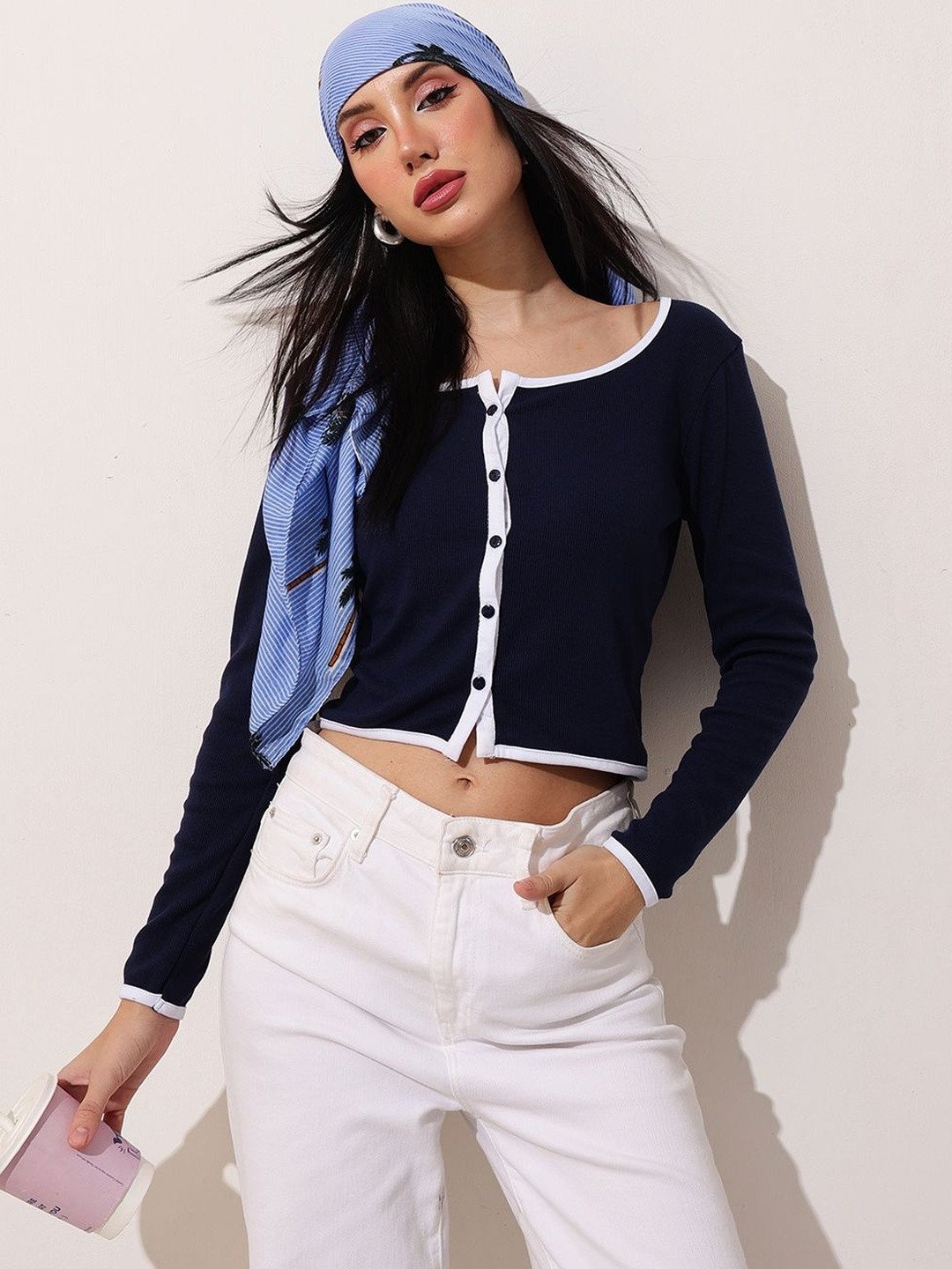 STREET 9 Ribbed Scoop Neck Cotton Denim Crop Top
