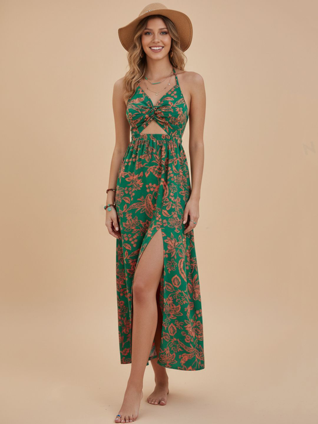 bebe Women Floral Print Cut-Outs Halter Neck Satin Maxi Dress