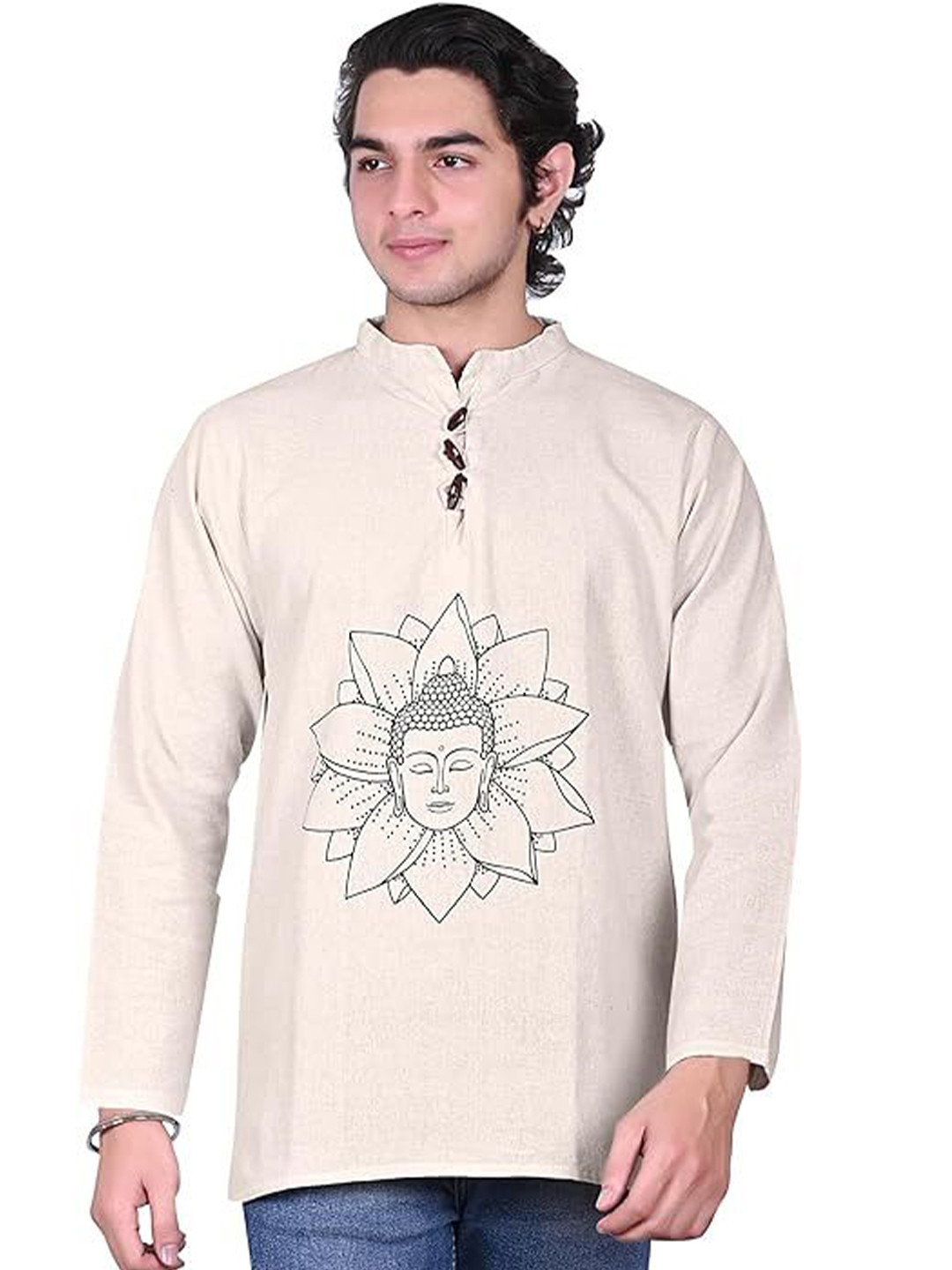 Difneez Ethnic Motifs Printed Band Collar Cotton Straight Kurta