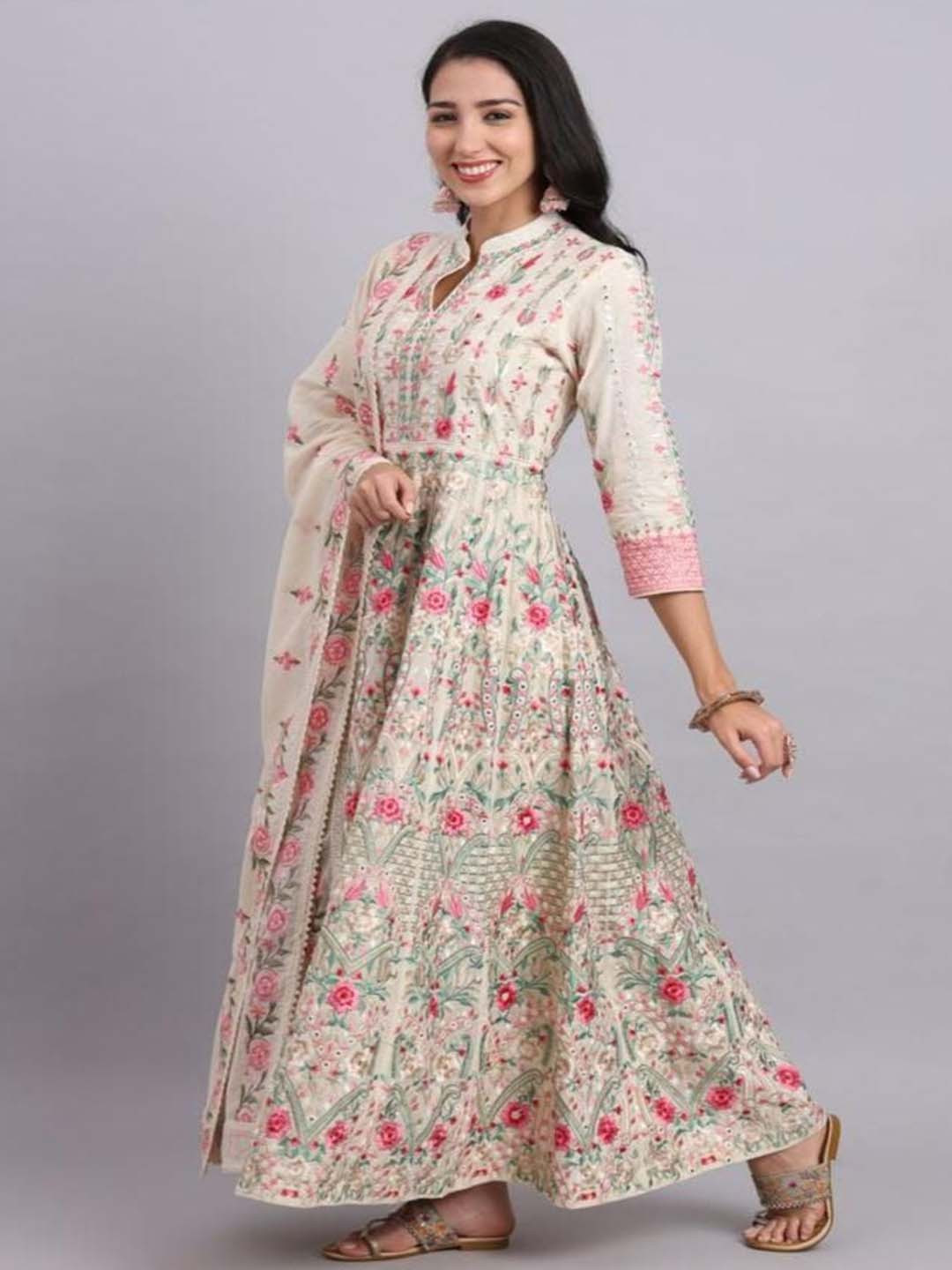 REEBAZAR Women Floral Embroidered Cotton Fit & Flare Maxi Dress