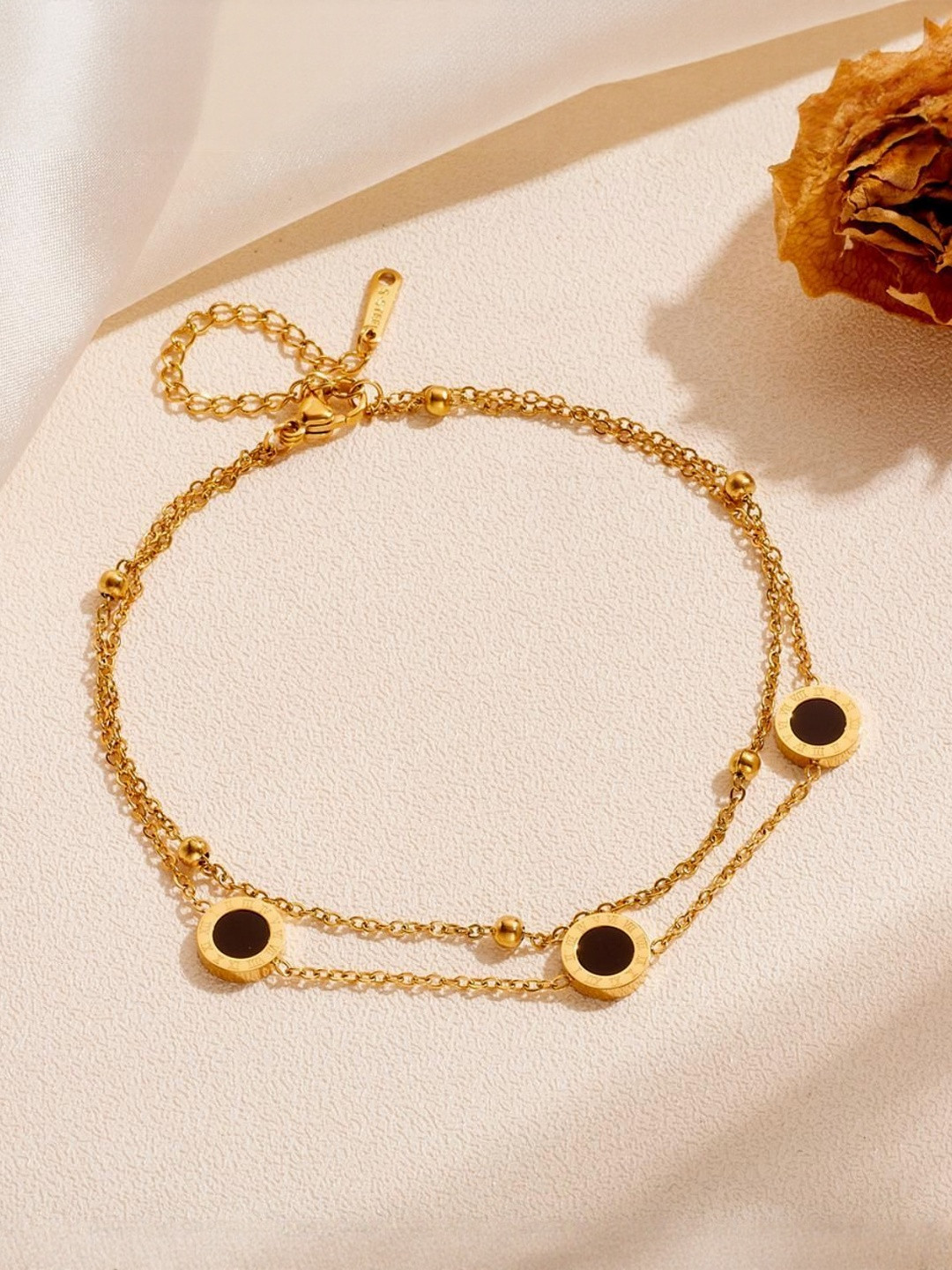 MYKI Stainless Steel Gold-Plated Anti-Tarnish Black Enamel Charm Bracelet