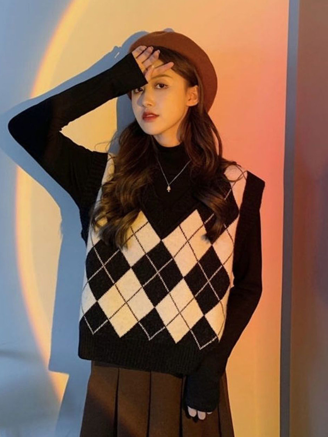 StyleCast Checked Round Neck Sleeveless Sweater Vest